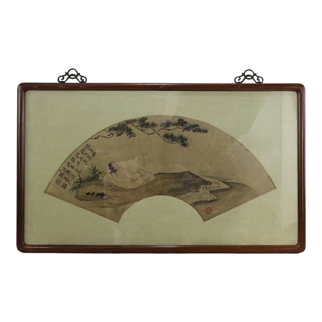 Vintage Chinese Fan Painting Figure Sleeping Under Pine Trees Framed Ink and Color on Paper With Cal: This exquisite vintage Chinese fan painting features a contemplative "Sleeping Under Pines" composition rendered in ink and light color on paper. The artwork depicts a scholar in a moment of tranquil