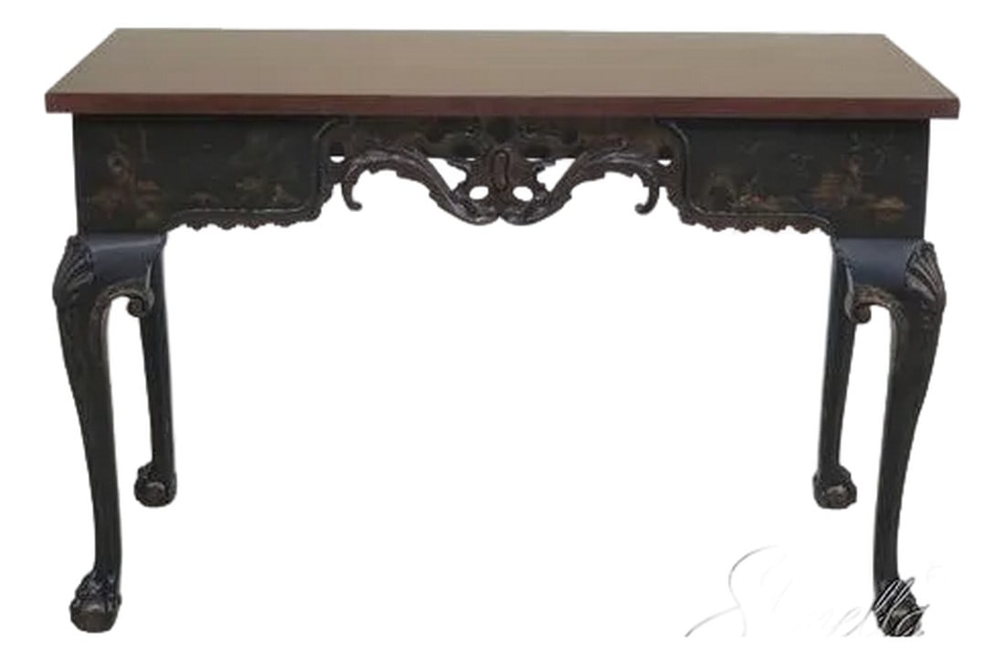 Chinoiserie Vintage Georgian Console Table W. Birdseye Maple Top: Age: Approx: 100 Years Old Details: Ball & Claw Feet Fine Carved Details High Quality Construction English Georgian Design Stunning Paint Decorated Pierced Carved Base Professionally Refurbished &
