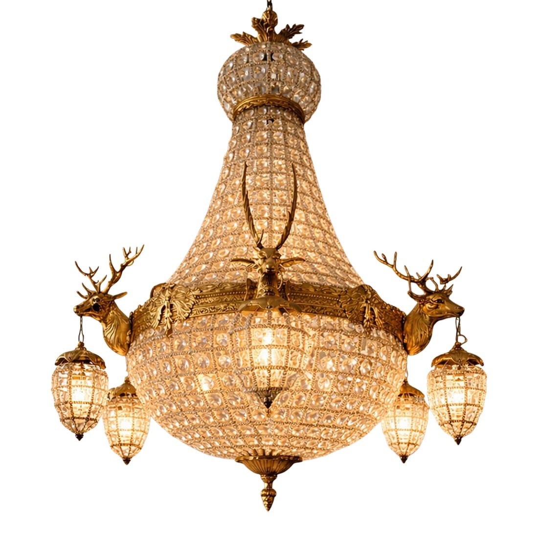 Mid-20thC French Louis XVI Gilt Bronze Deer Chandelier: Vintage French Louis XVI Gilt Bronze Deer Chandelier Mid-20th Century | 1 Piece Make a bold, aristocratic statement with this extraordinary XL French Louis XVI–style chandelier, artisan-crafted