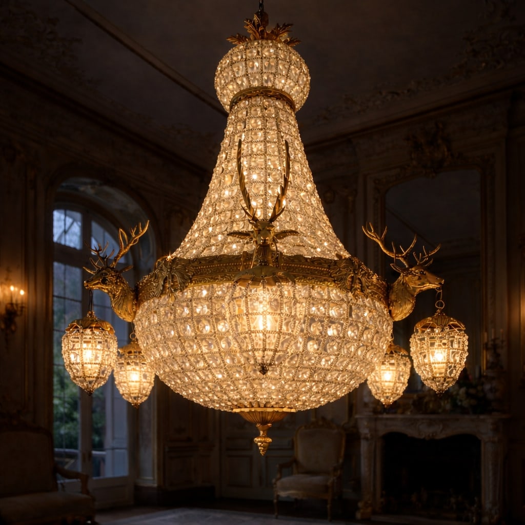 Mid-20thC French Louis XVI Gilt Bronze Deer Chandelier - 6