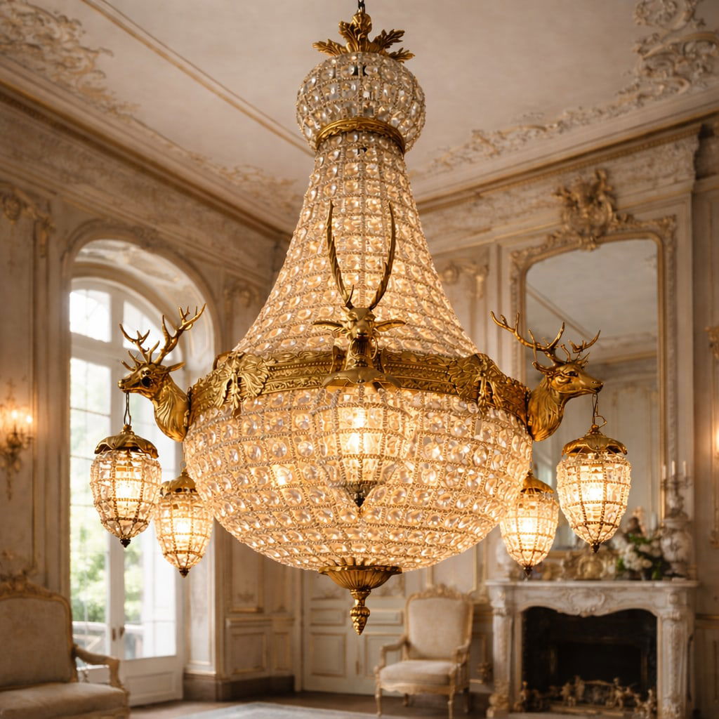 Mid-20thC French Louis XVI Gilt Bronze Deer Chandelier - 9