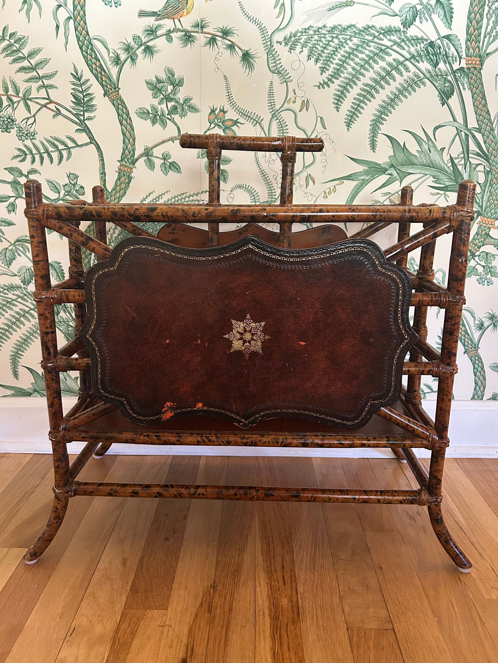 Vintage Maitland - Smith Scorched Bamboo and Tooled Leather Chinoiserie Canterbury Magazine Rack - 11