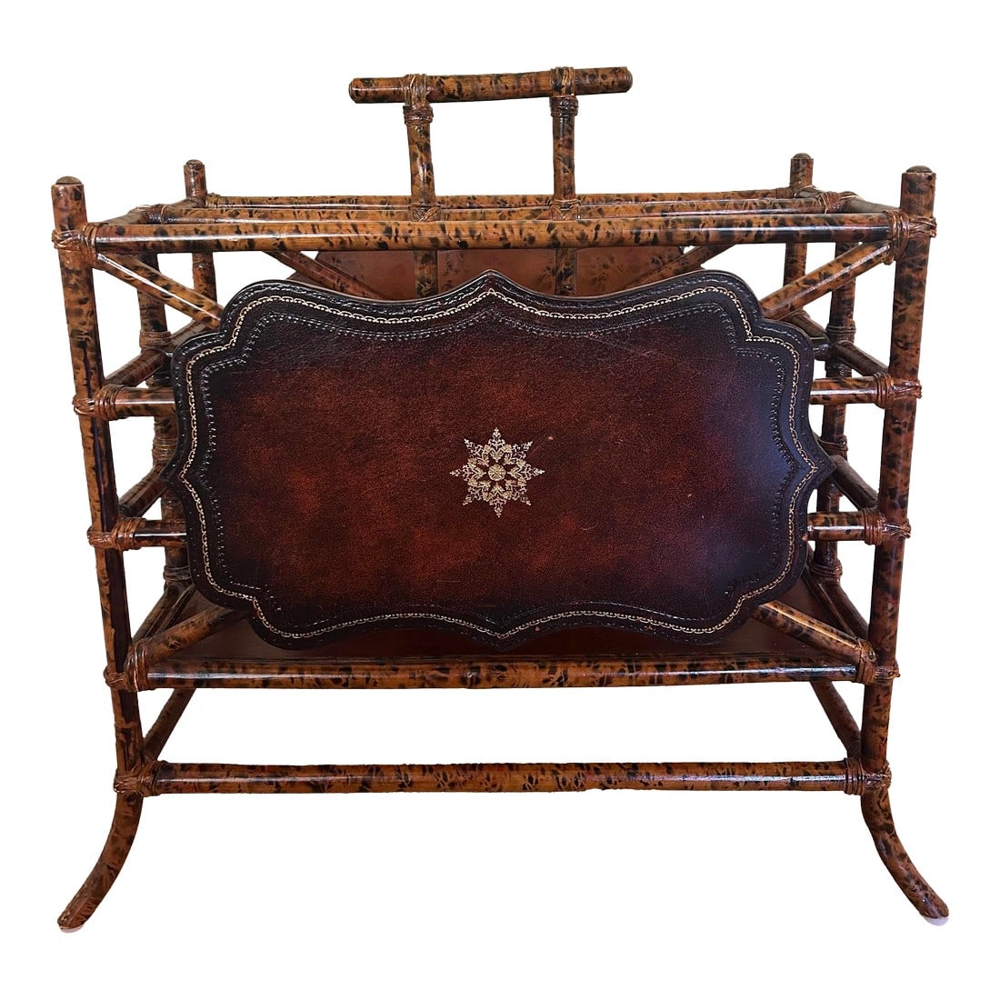 Vintage Maitland - Smith Scorched Bamboo and Tooled Leather Chinoiserie Canterbury Magazine Rack (1 of 11)