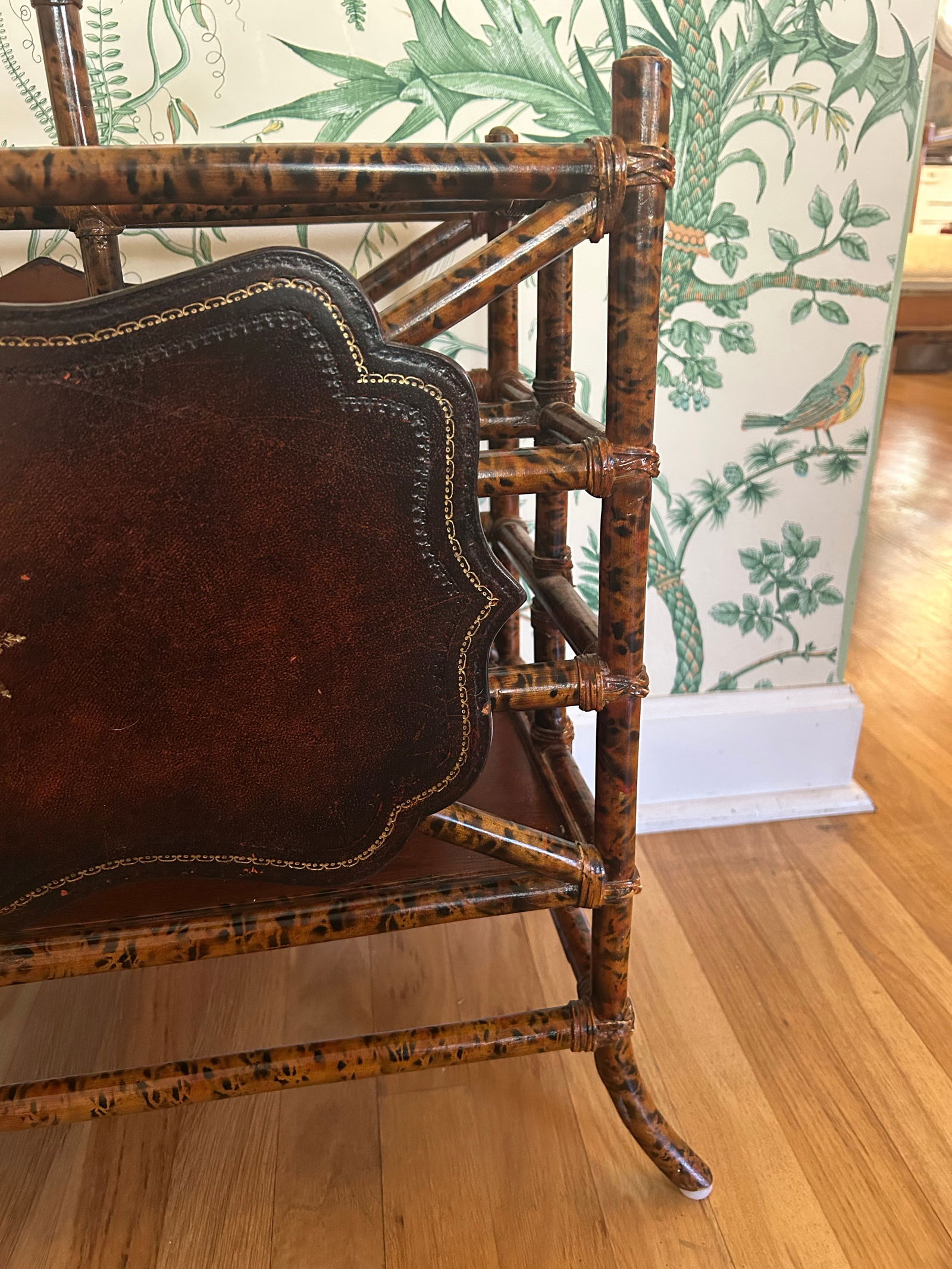 Vintage Maitland - Smith Scorched Bamboo and Tooled Leather Chinoiserie Canterbury Magazine Rack - 4