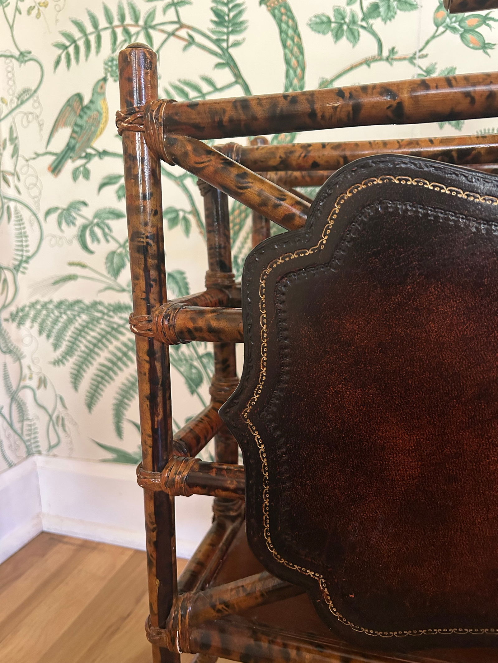 Vintage Maitland - Smith Scorched Bamboo and Tooled Leather Chinoiserie Canterbury Magazine Rack - 6