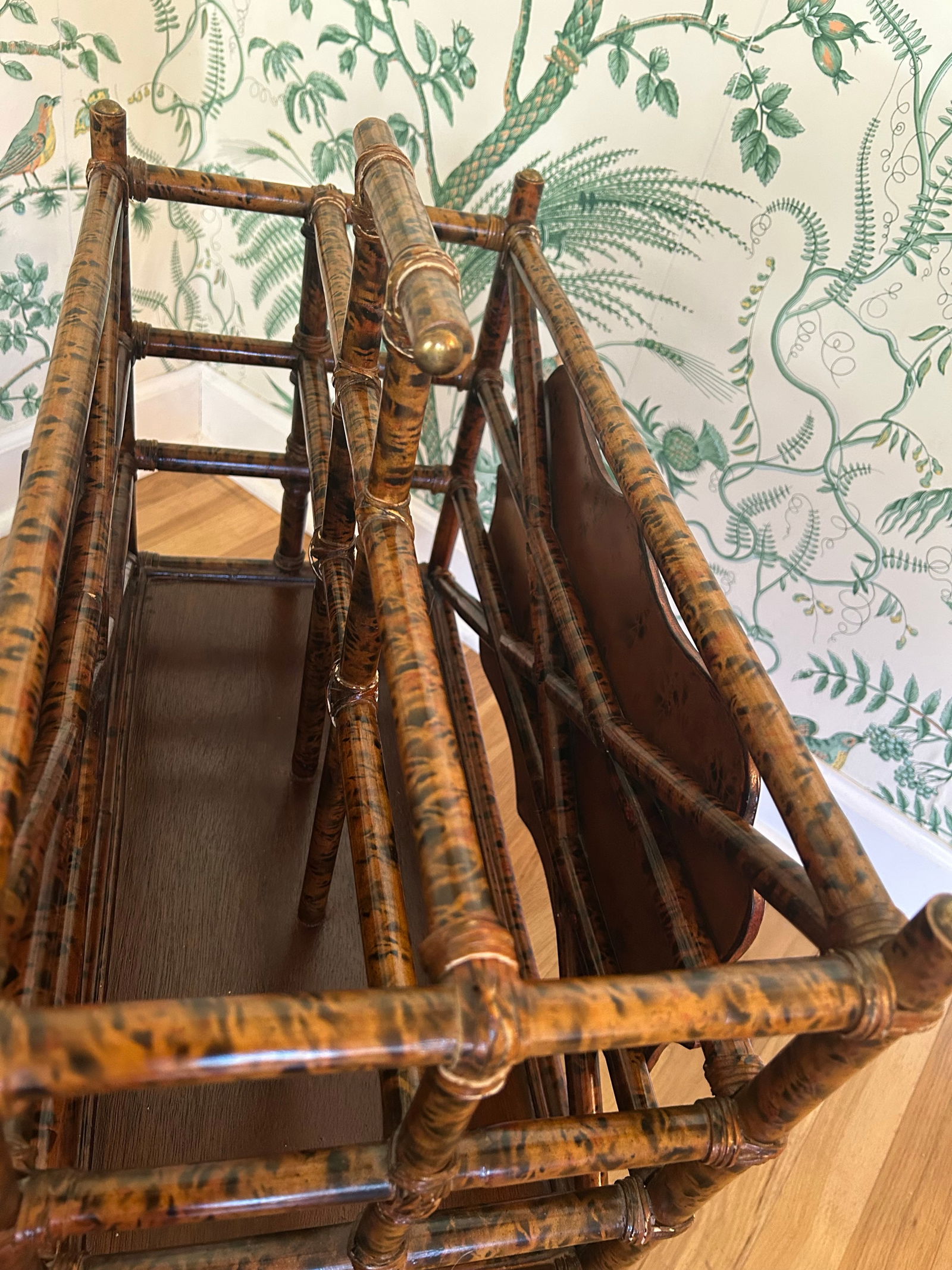 Vintage Maitland - Smith Scorched Bamboo and Tooled Leather Chinoiserie Canterbury Magazine Rack - 7