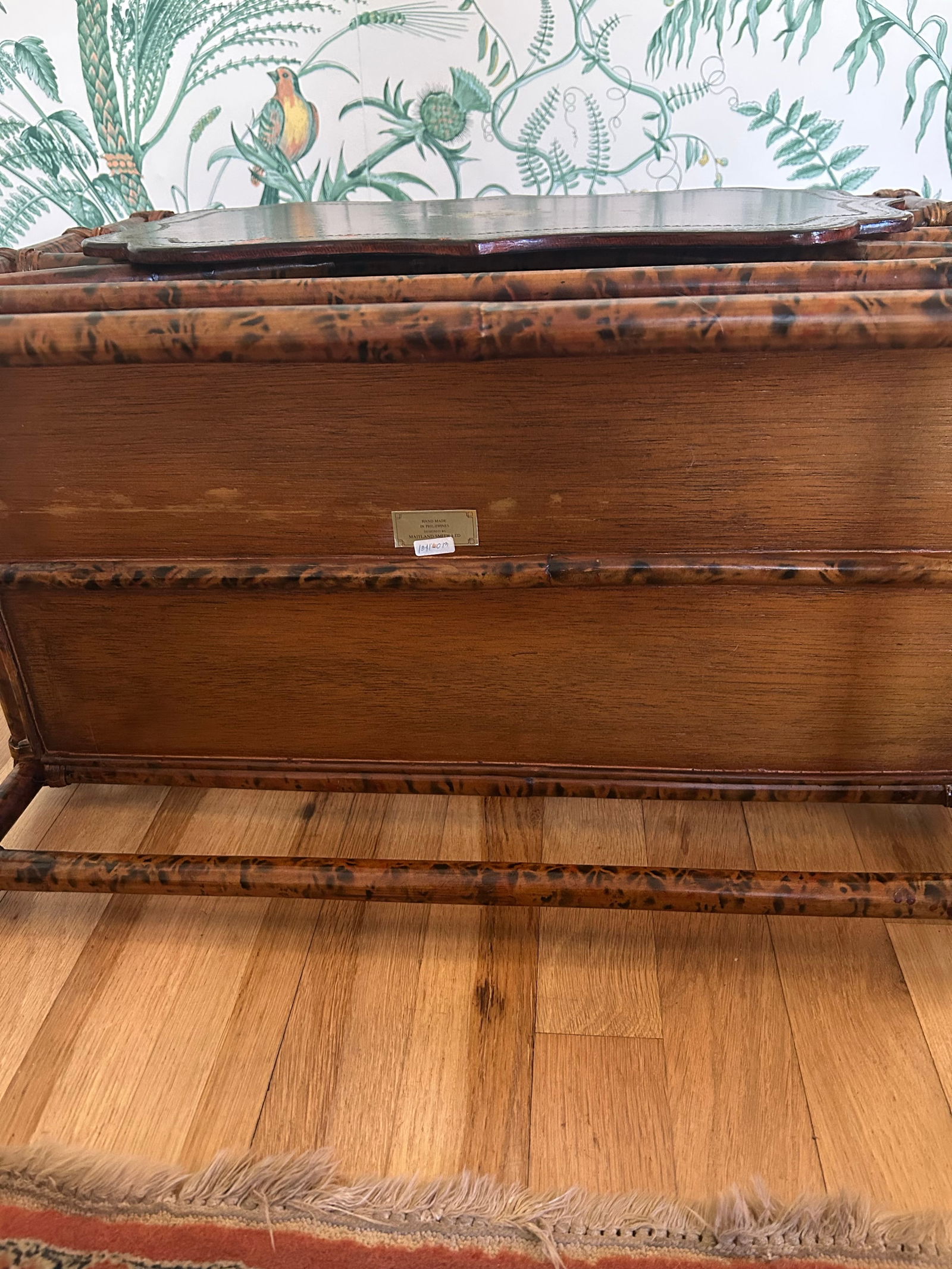 Vintage Maitland - Smith Scorched Bamboo and Tooled Leather Chinoiserie Canterbury Magazine Rack - 9