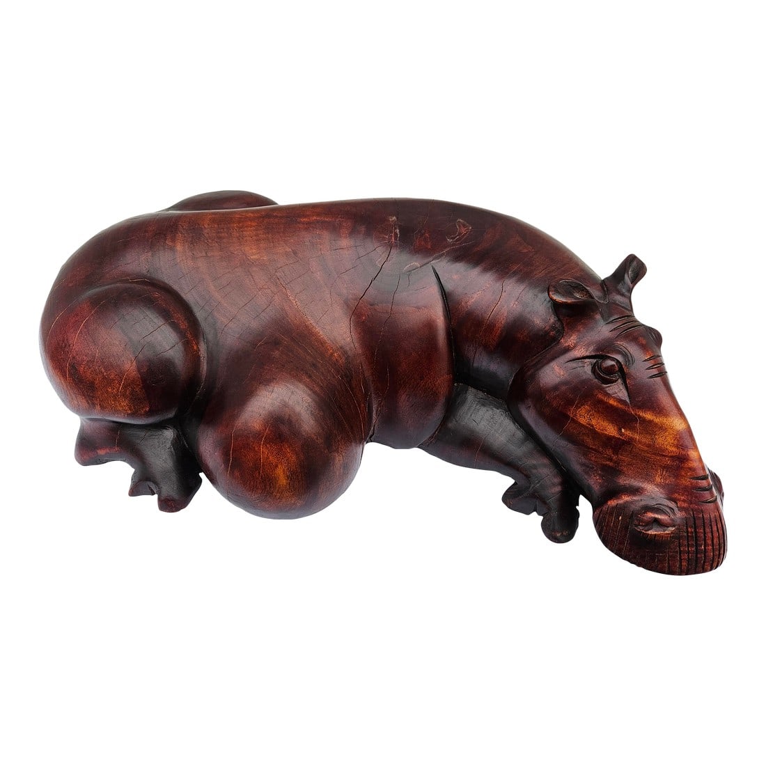 Massive Hand Carved Wooden Hippopotamus Hippo Sculpture: This massive and extremely handsome hippo is carved from one large piece of wood. It was recently purchased from a local auction related to an estate of a world traveler. Aside from the basic