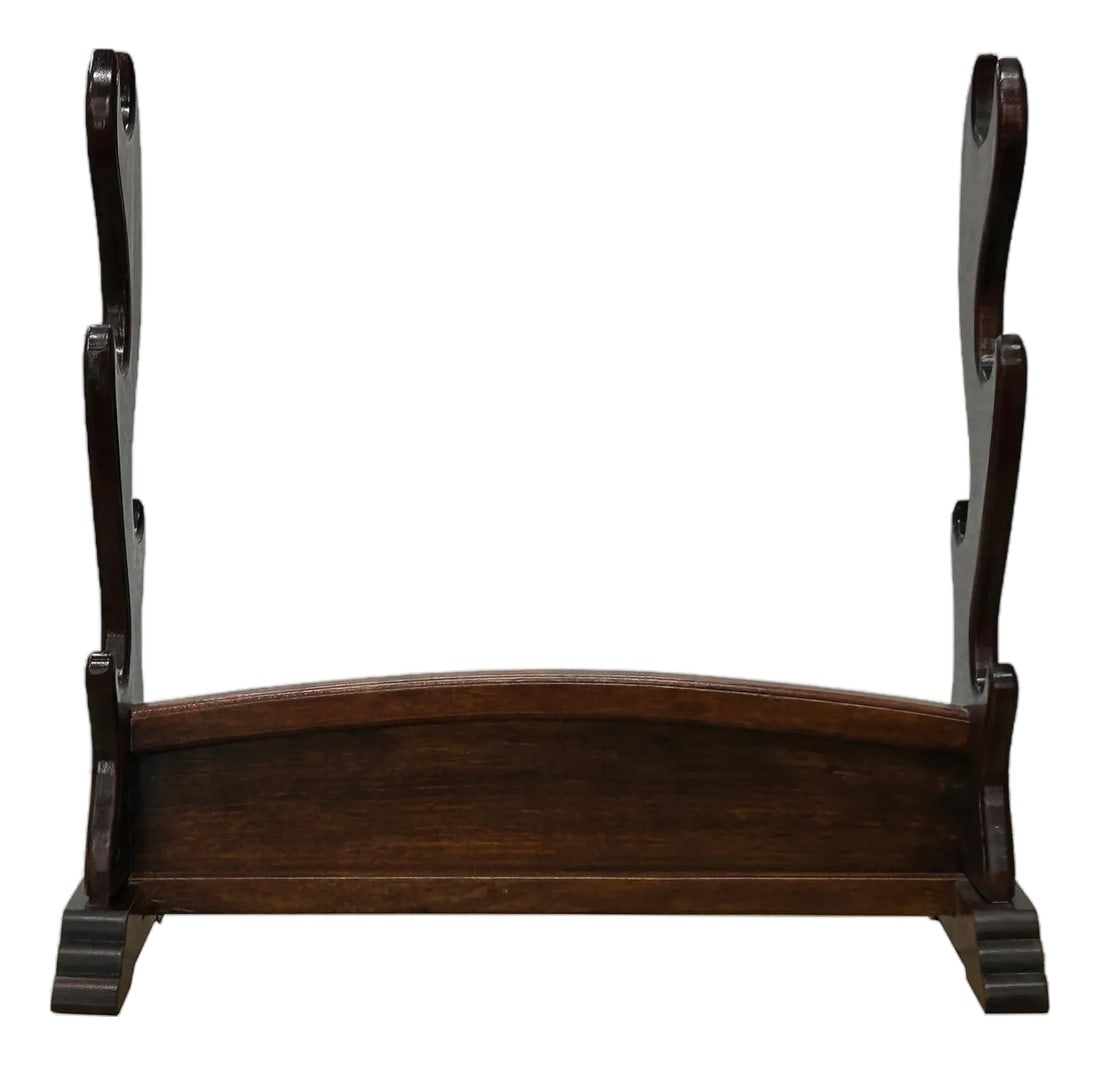 Chinese Brown Wood Horizontal Pen Brush Holder Display Rack: This elegant oriental-style display rack is crafted from polished wood with a deep, warm espresso brown finish that highlights the natural grain. Designed for both functionality and aesthetic appeal,