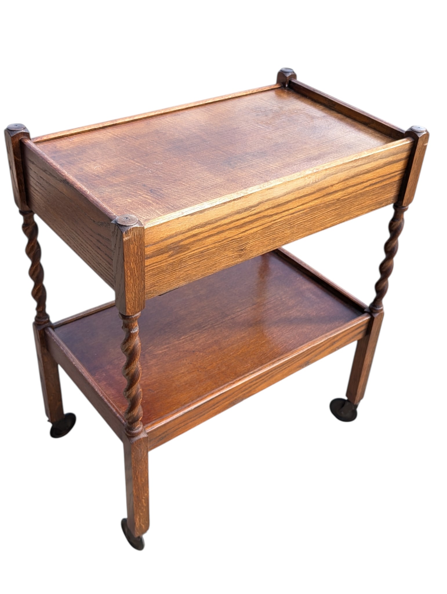 Antique Edwardian Oak Barley Twist Tea Cart - 2