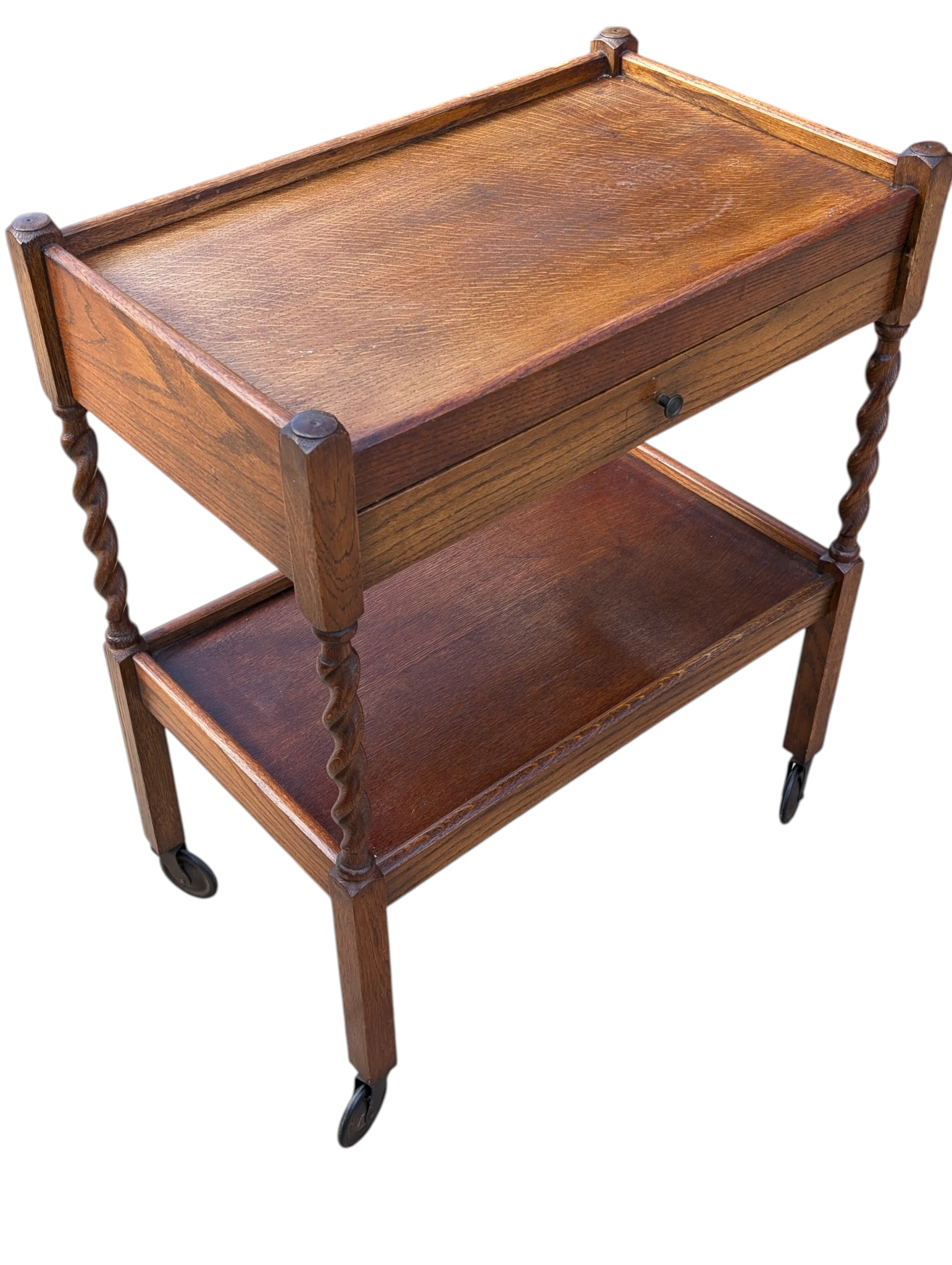 Antique Edwardian Oak Barley Twist Tea Cart - 4