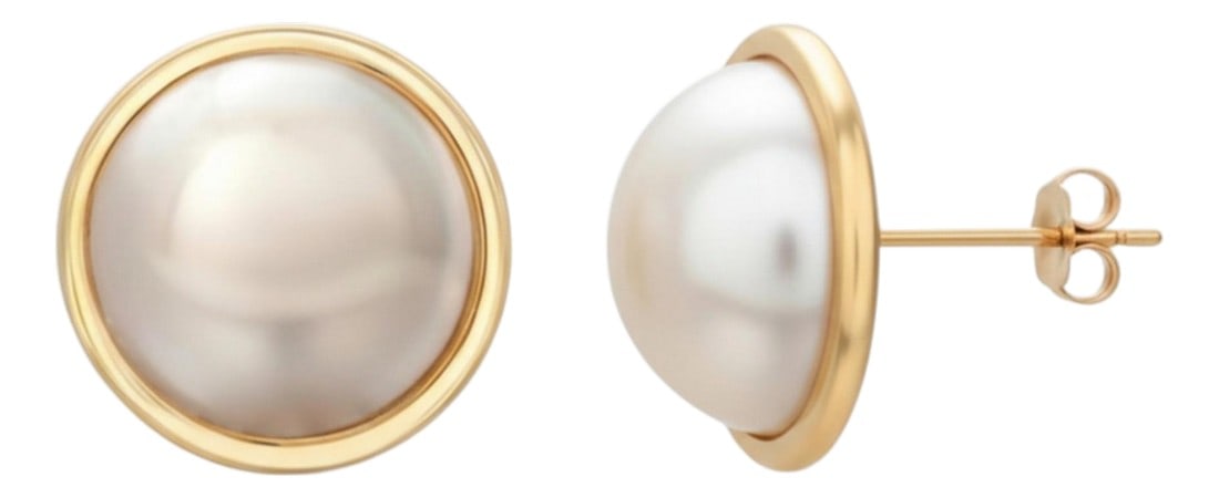 14k Yellow Gold 15.7mm White Mabe Pearl Stud Earrings, Vintage Style, A Pair (1 of 9)