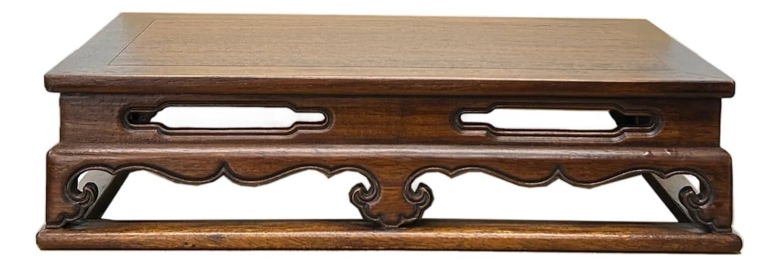 Oriental Brown Stain Wave Carving Rectangular Display Easel Stand: This elegant Oriental-style display stand is crafted from rich, dark-toned wood with a lustrous brown finish that highlights its natural grain. Rectangular in form, the stand features a flat, inset