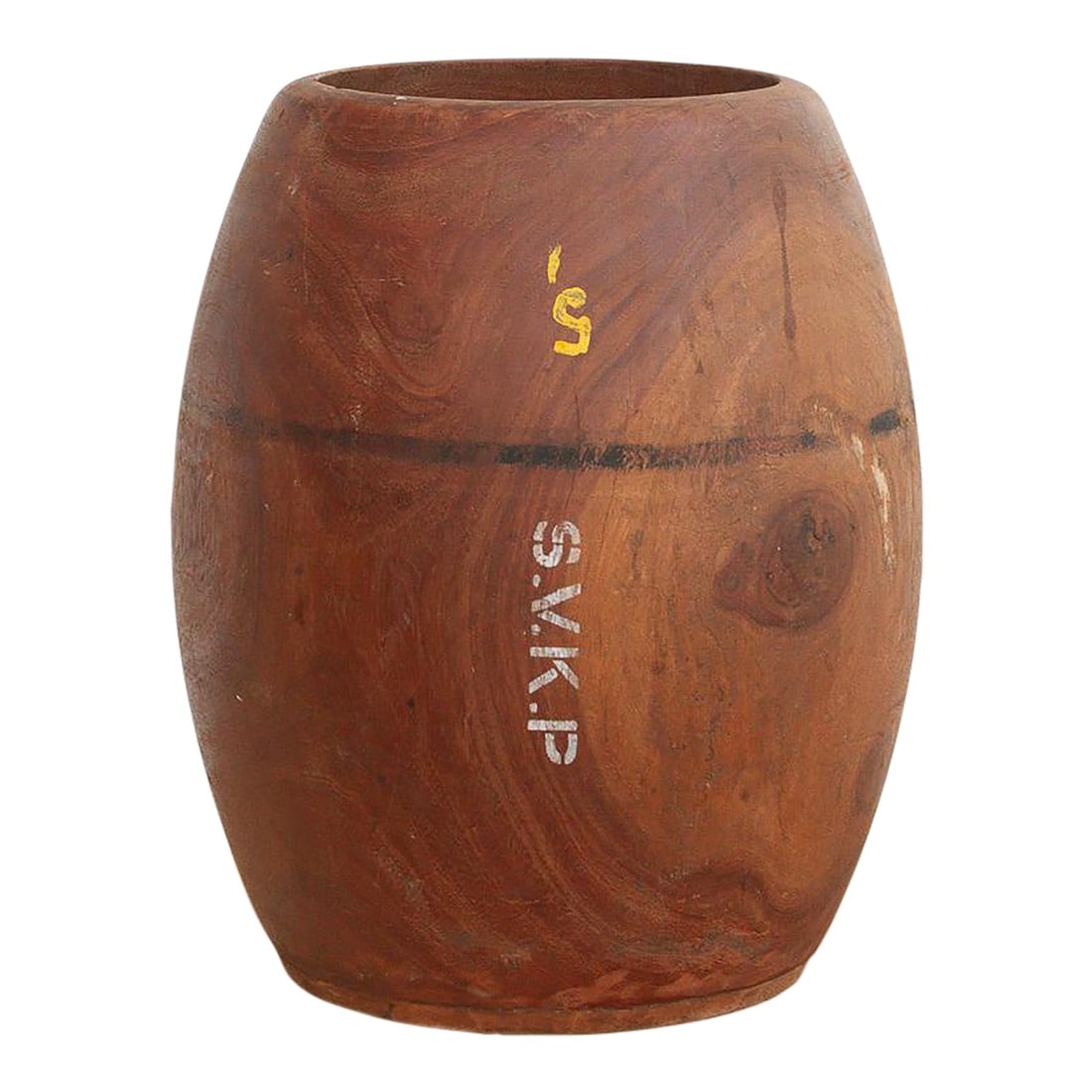 Antique Stenciled Grain Measure Pot: This large antique wooden pot is a relic of the old trade routes. Before digital scales, village merchants used solid wooden vessels like these to measure out grain, lentils, and dry goods in the