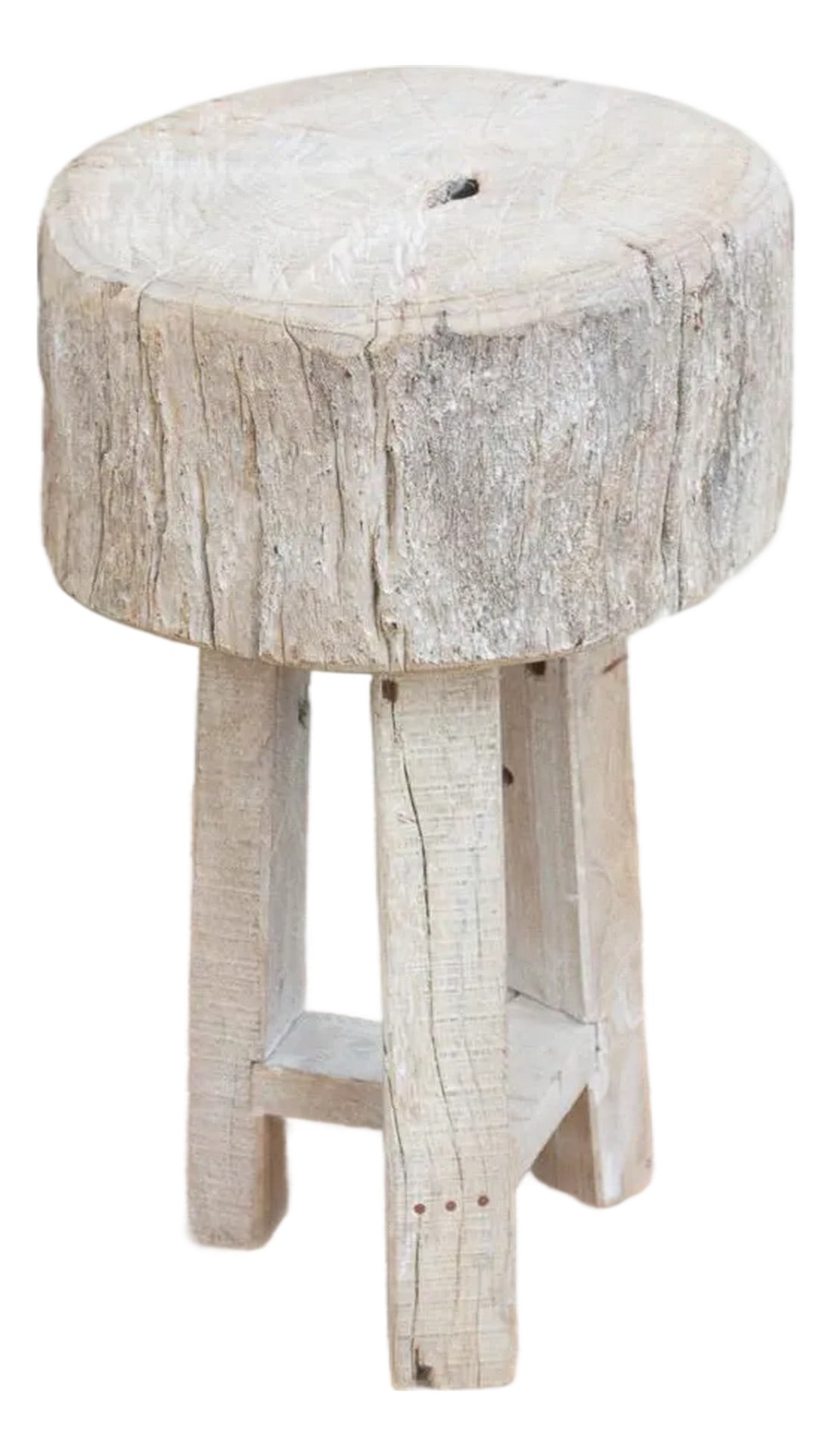 Heavy Slab Reclaimed Wood End Table: This rustic end table is unapologetically raw and incredibly robust. The Primitive Wood Stool is reconstructed from heavy reclaimed timbers, designed to bring the grounding energy of the forest into