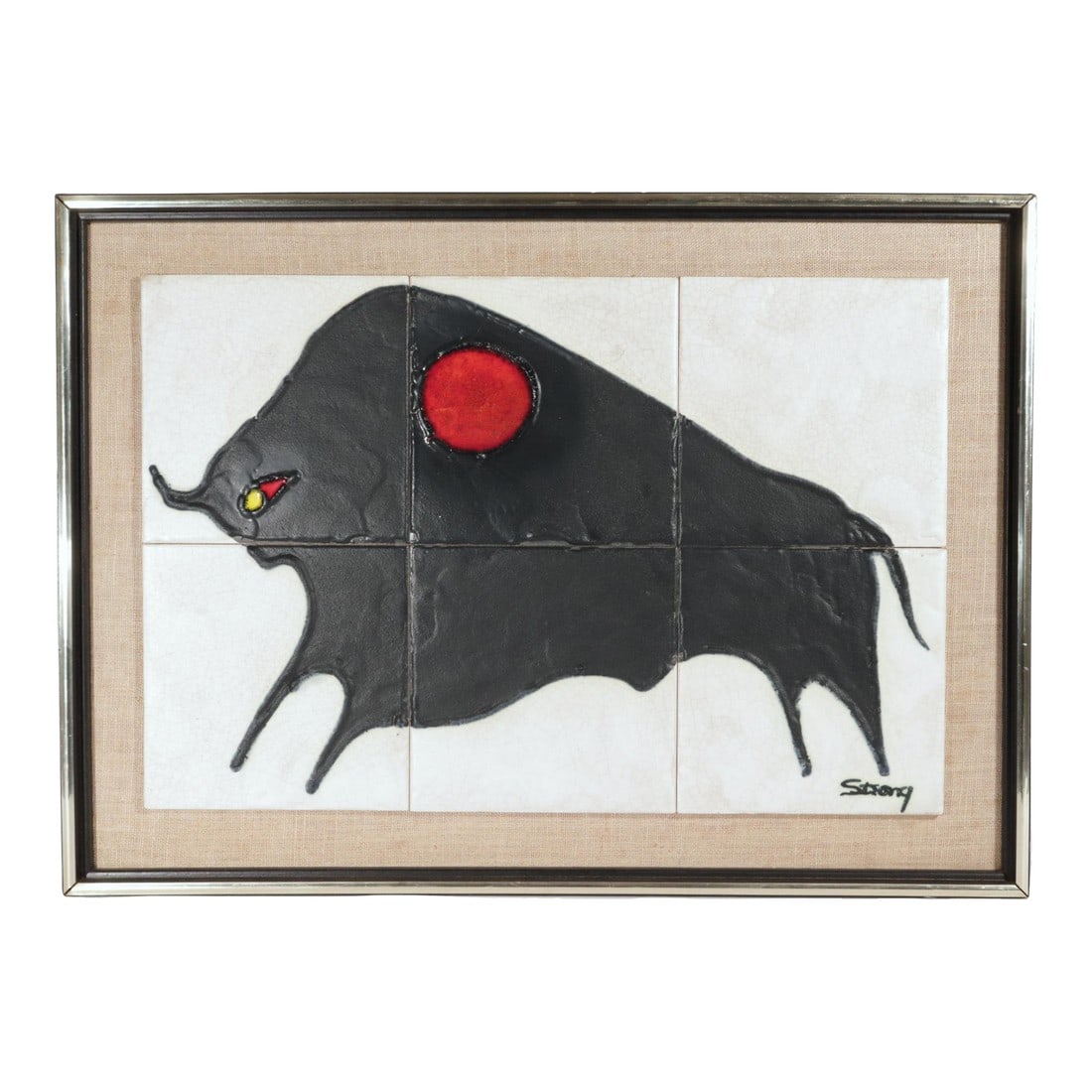 MCM Modernist Tile Picture of a Bull by Harris G. Strong: Modernist Strength: Harris G. Strong Tile Picture of a Bull (1970) A dramatic and bold Mid-Century Modern ceramic tile picture by the renowned American artist Harris G. Strong, dating to 1970. The com