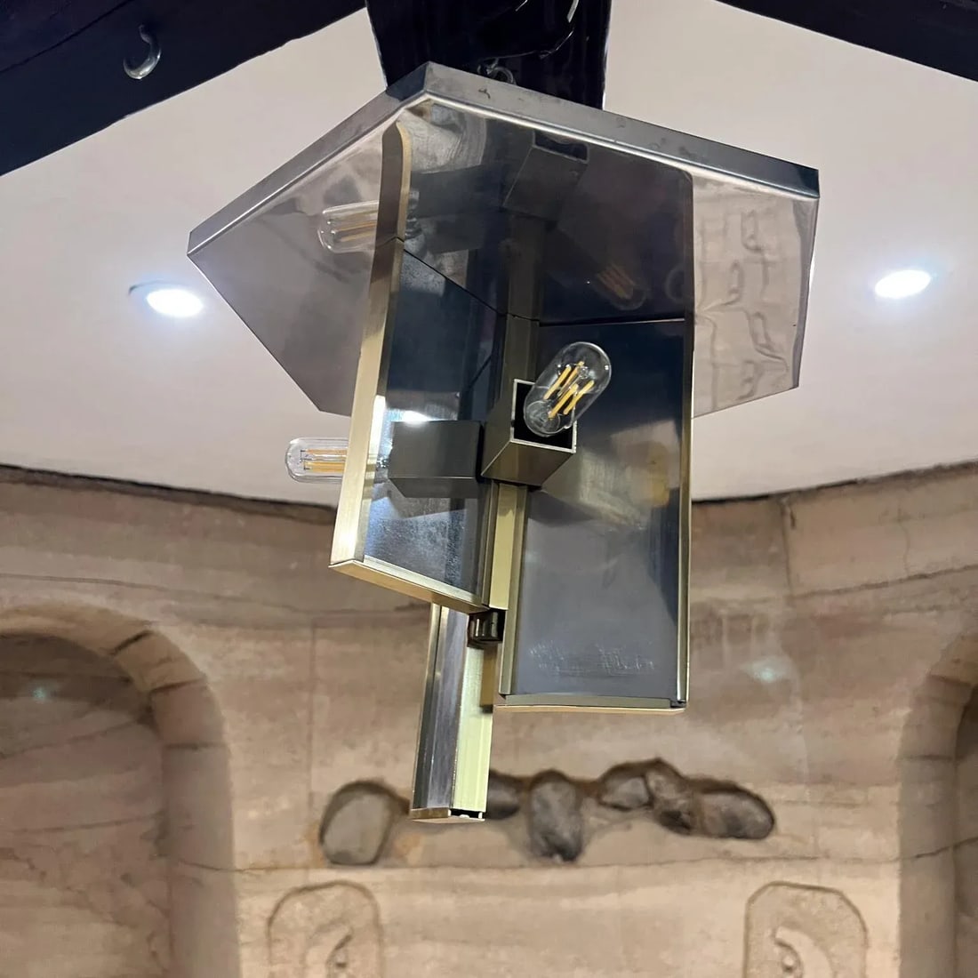 1970s Sciolari Flush Ceiling Lamp Stainless & Brass Italy - 11