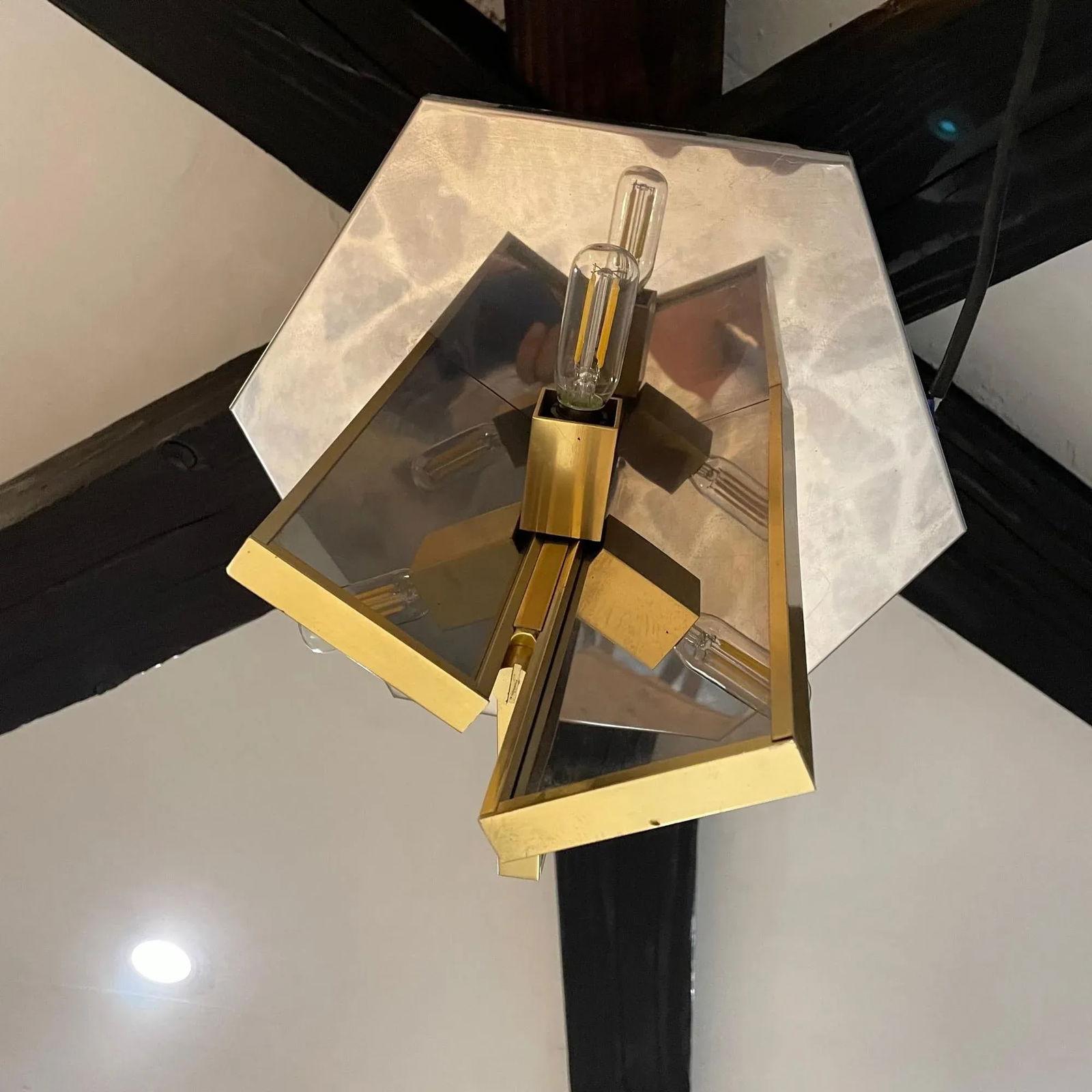 1970s Sciolari Flush Ceiling Lamp Stainless & Brass Italy - 2