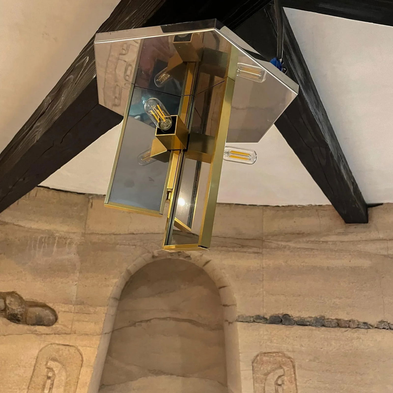 1970s Sciolari Flush Ceiling Lamp Stainless & Brass Italy - 7