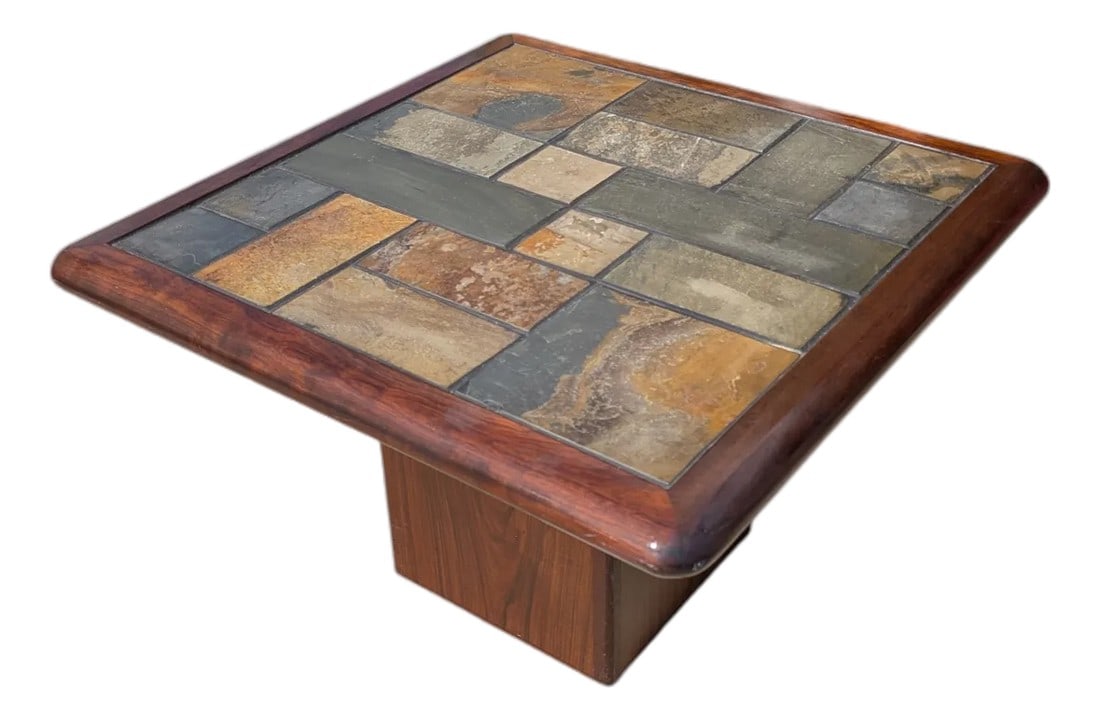 1970s Mid Century Slate Top Coffee Table After Sven Olsen: Unsigned, but styled after Sven Olsen. One small chip on one piece of slate - doesn't distract from the top. Curved edges on the wood. The top does detach from the base Condition: Alterations: