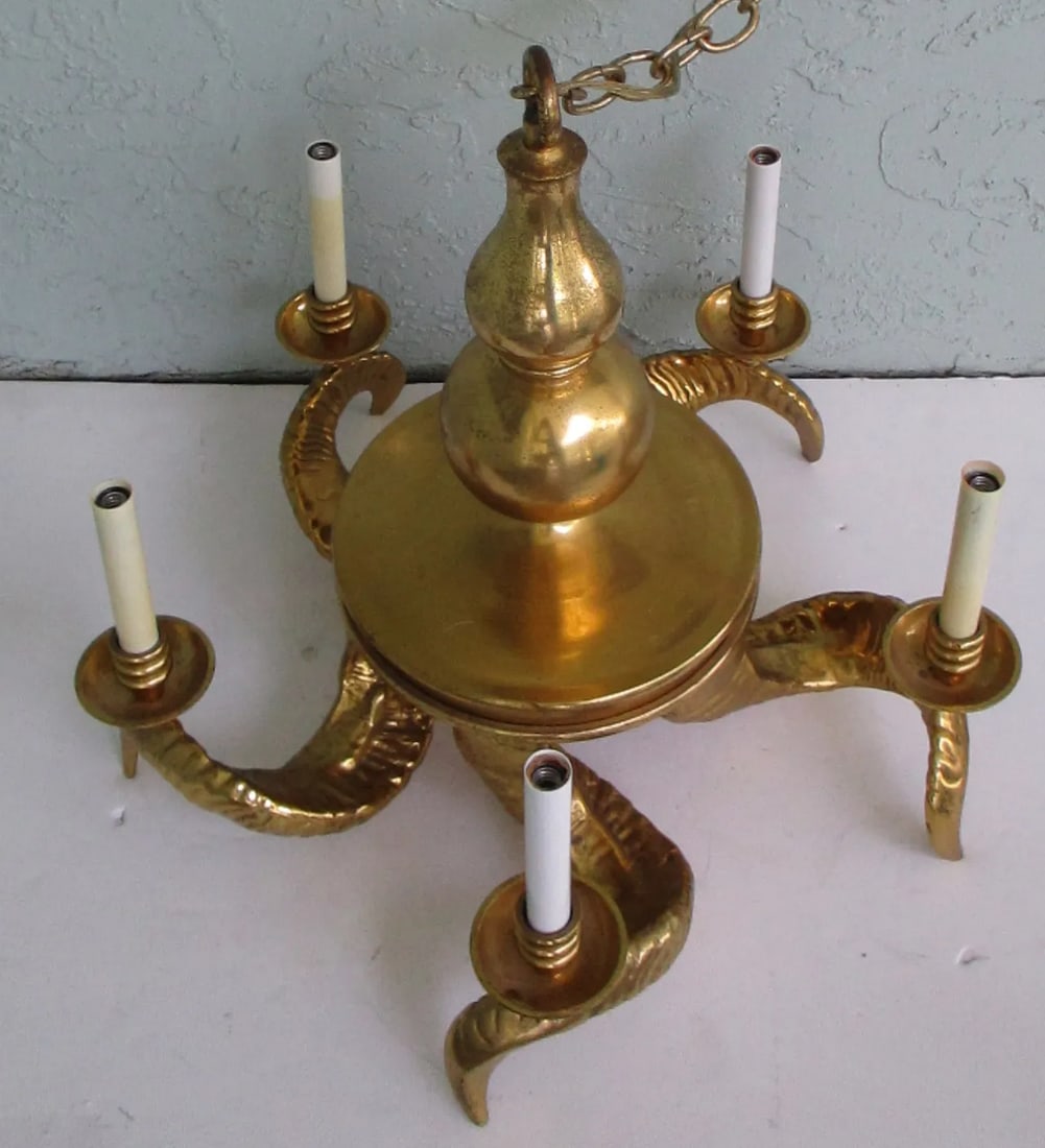1950s Chapman Hollywood Regency Five Light Ram Horn Bronze Chandelier - 2