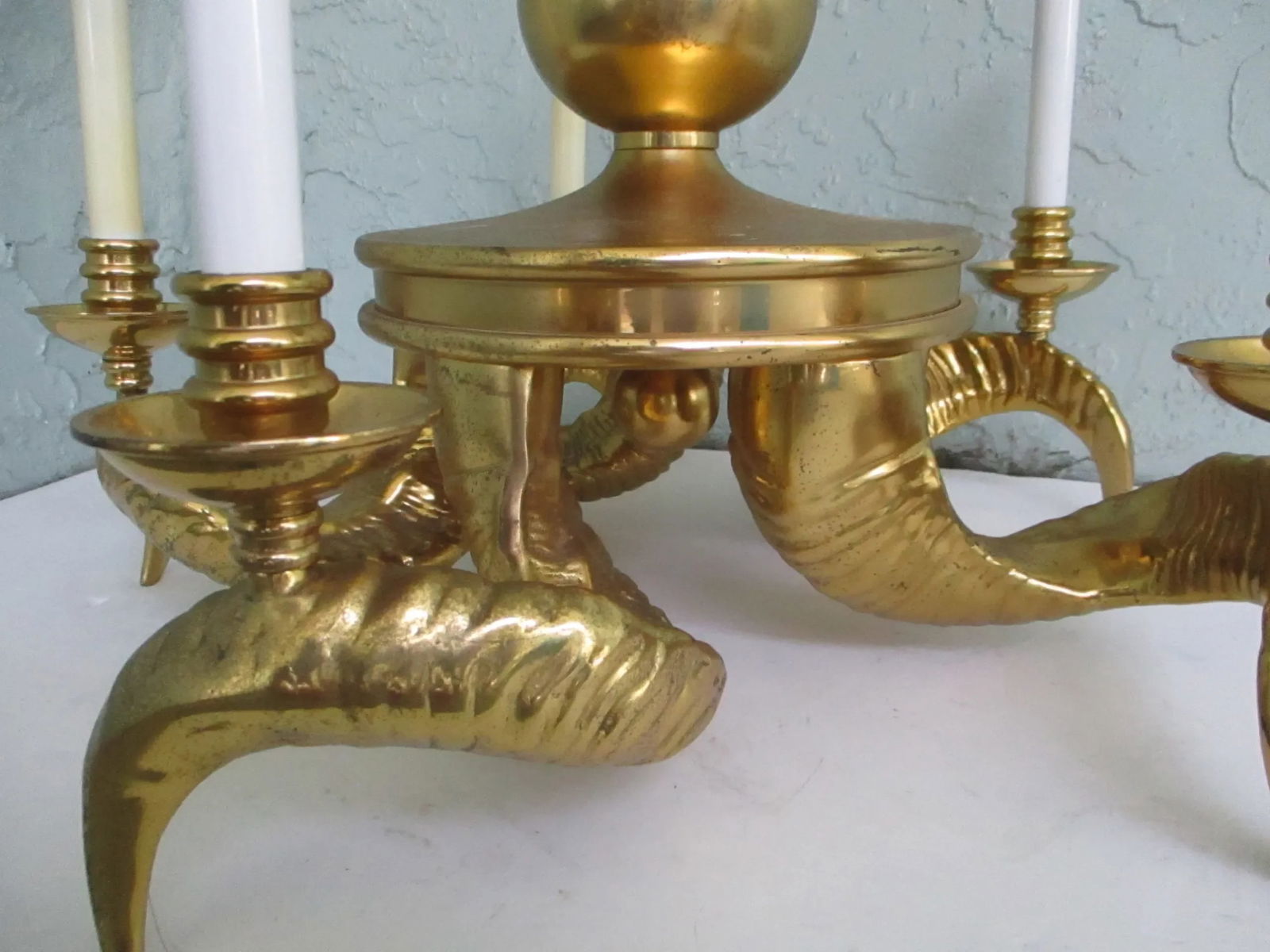 1950s Chapman Hollywood Regency Five Light Ram Horn Bronze Chandelier - 6