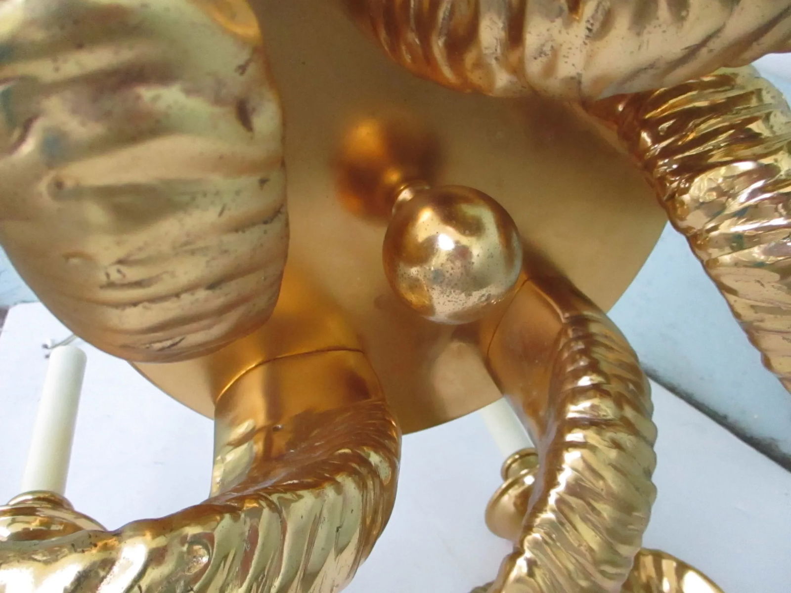 1950s Chapman Hollywood Regency Five Light Ram Horn Bronze Chandelier - 9