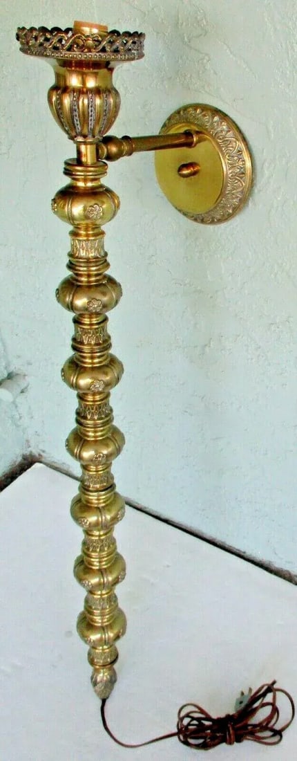 1920s Victorian Tall Gilt Bronze Balustrade Converted Gas Adjustable Wall Lamp Sconce - 13