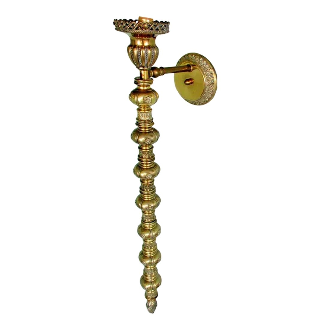 1920s Victorian Tall Gilt Bronze Balustrade Converted Gas Adjustable Wall Lamp Sconce: Victorian 42" Tall Gilt Bronze Balustrade Converted Gas Adjustable Wall Lamp Wall Sconce The body of the lamp measures 33.50" tall, 5.75" wide (round back plate) and extends 9.50" off the