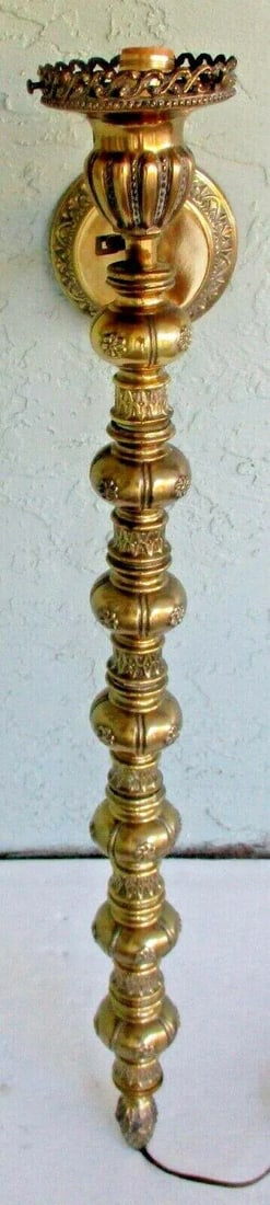 1920s Victorian Tall Gilt Bronze Balustrade Converted Gas Adjustable Wall Lamp Sconce - 2