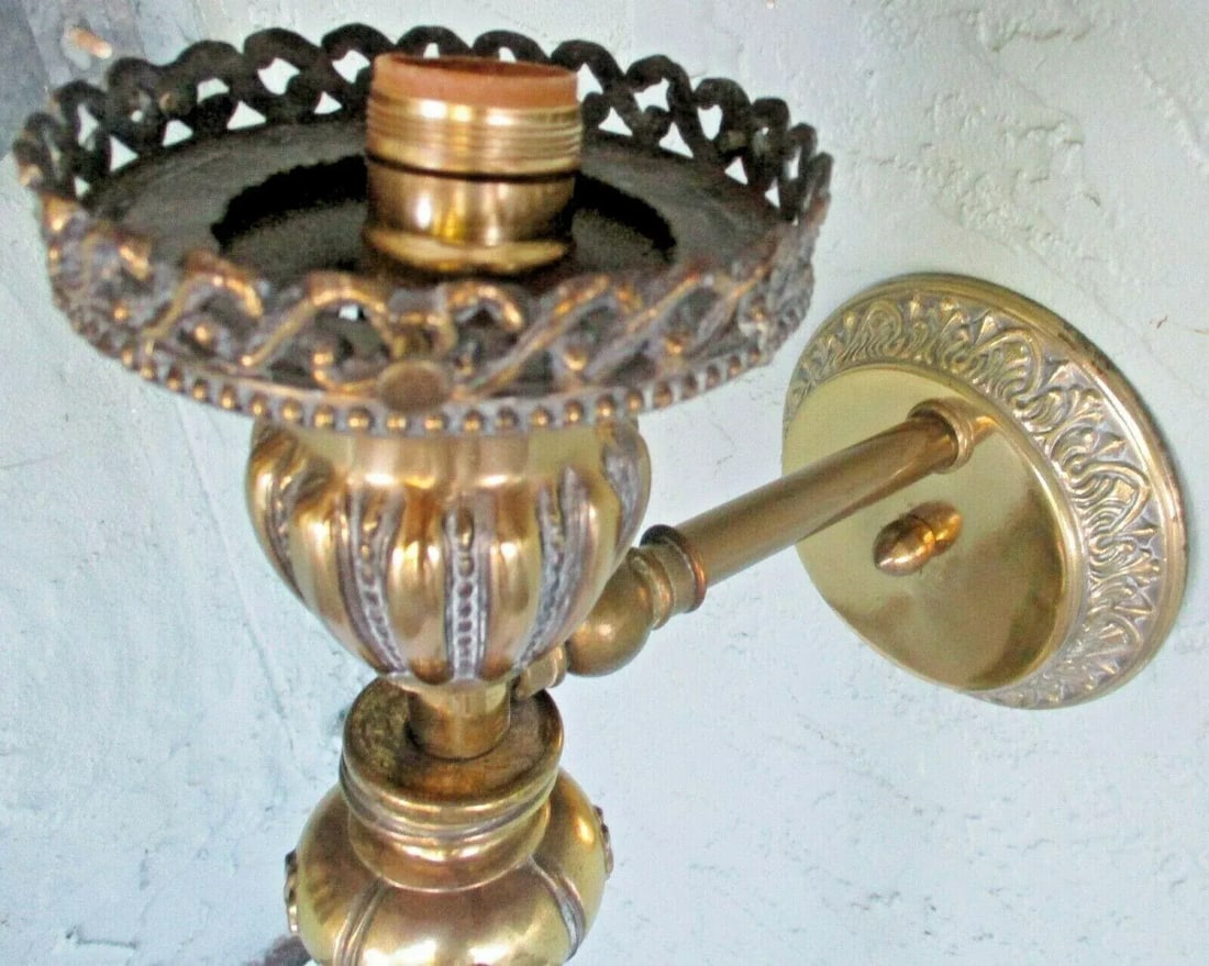 1920s Victorian Tall Gilt Bronze Balustrade Converted Gas Adjustable Wall Lamp Sconce - 3