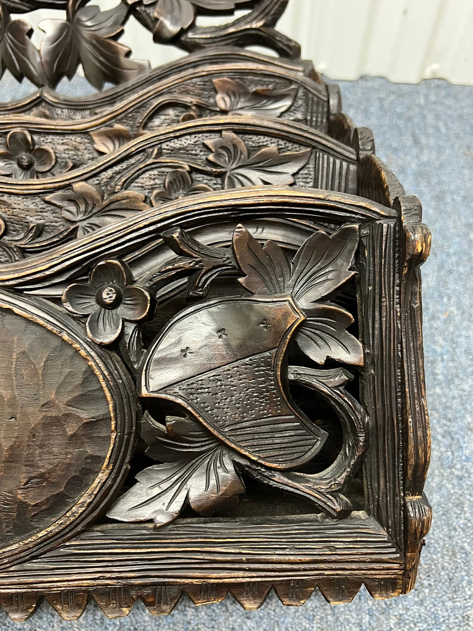 19th Century Antique German or Swiss Black Forest Hand Carved 3 Section Foliate Canterbury With Hand - 11