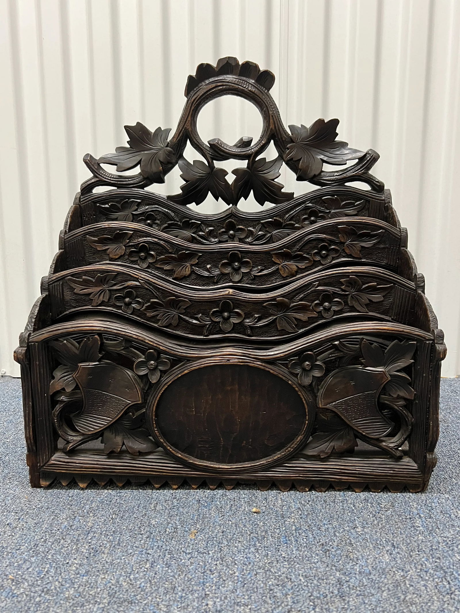 19th Century Antique German or Swiss Black Forest Hand Carved 3 Section Foliate Canterbury With Hand - 13