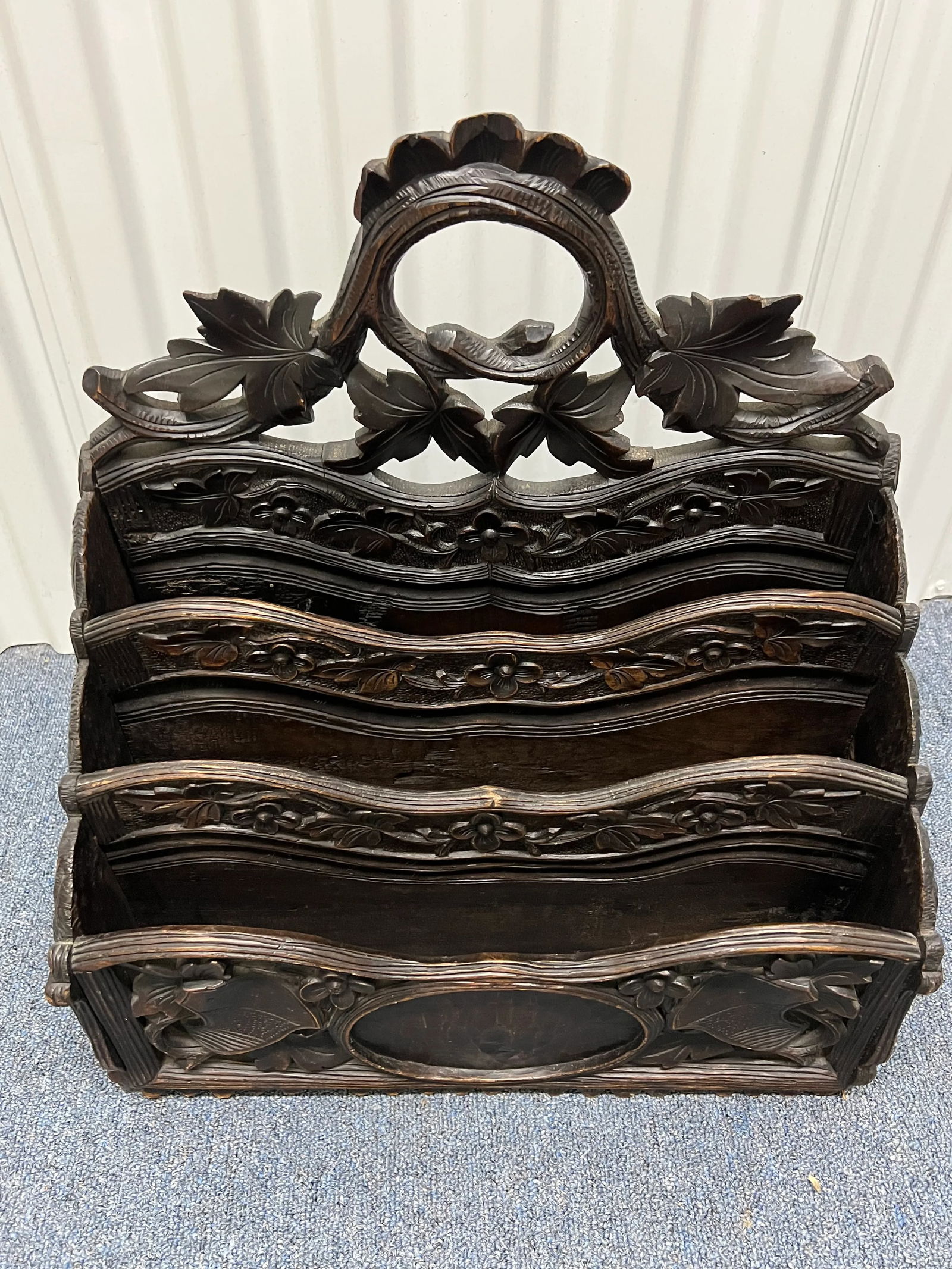19th Century Antique German or Swiss Black Forest Hand Carved 3 Section Foliate Canterbury With Hand - 6