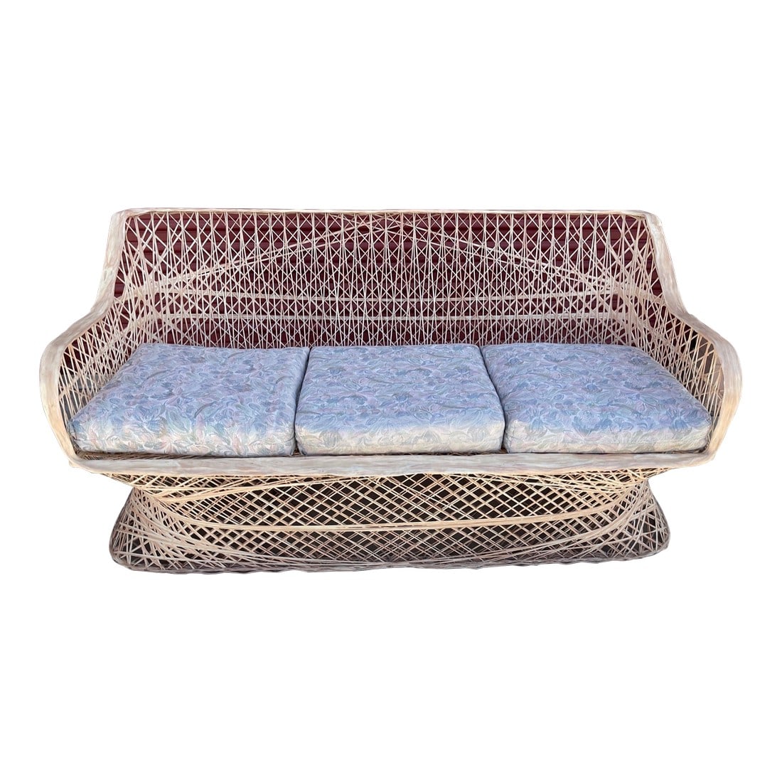 1960s Mid-Century Russell Woodard Style Spun Fiberglass Sofa: Mid-Century Russell Woodard Style Tan Spun Fiberglass Sofa with cushions. Vintage 60's in a tan/cream color and pastel cushions. This would be amazing painted black and new cushions. Make sure to