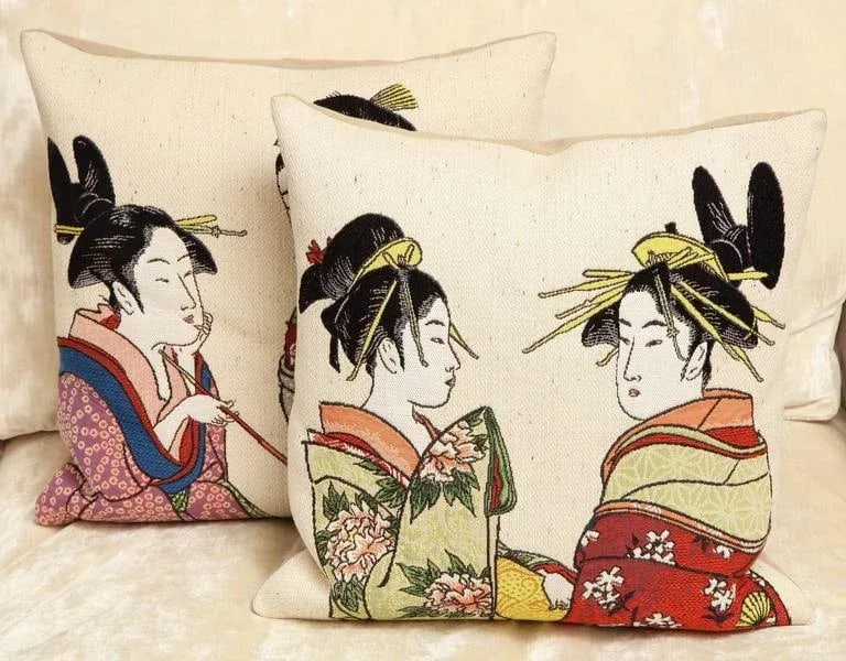 2019 International Style Japanese Women Tapestry Cotton Square Pillows by Jules Pansu - Set of 2 - 3