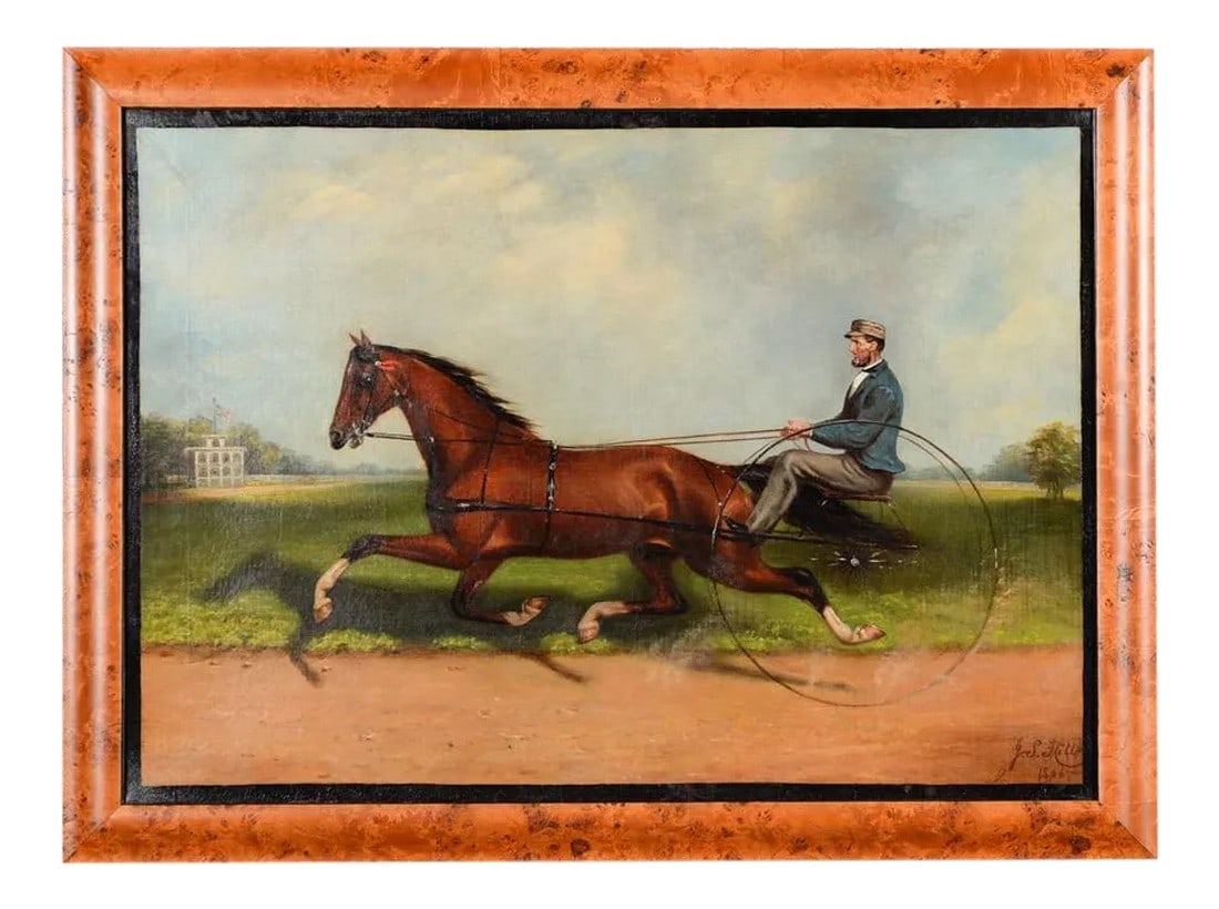 James Hill -19th Century Famous Horse Racing Oil Painting: Framed original 19th century oil painting signed "J. S. Hill 1866". The painting depicts the famous trotter "Dexter" and his driver Budd Doble who were two of the most sensational racers of the day,