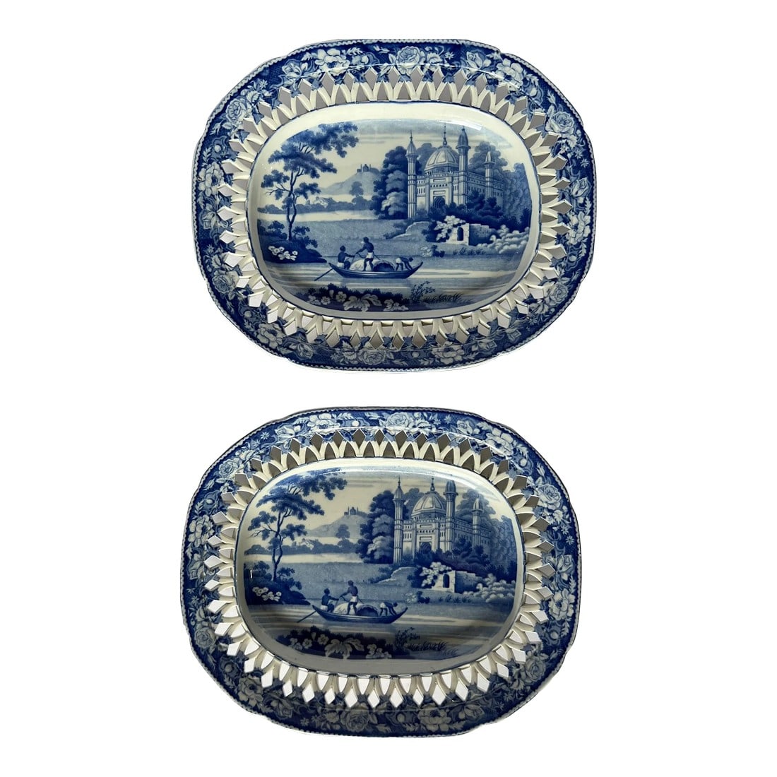 Mid 19th Century Davenport Porcelain ââ‚¬Å“Fisherman & Mosqueâ: Circa 1790-1810 The dished rim decorated with wild roses, against a lattice and paisley background. The centre of the plate a scene of three Indian men fishing from a boat on a lake. A large Moghul