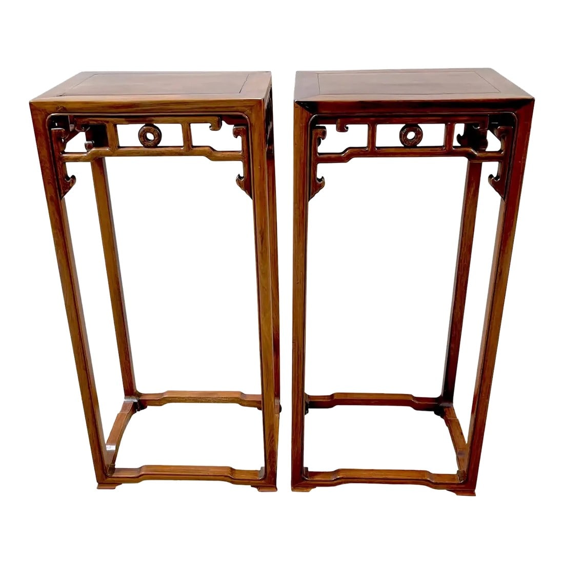 Mid 19th Century Antique Chinese Carved Huanghuali Pedestals, Circa 1860 - A Pair: Pair of Antique Chinese Carved Huanghuali Pedestals, Circa 1860 China, Circa 1860 We are pleased to offer this pair of pair of Antique Chinese pedestals of the rare hardwood Huanghuali. Each one hand