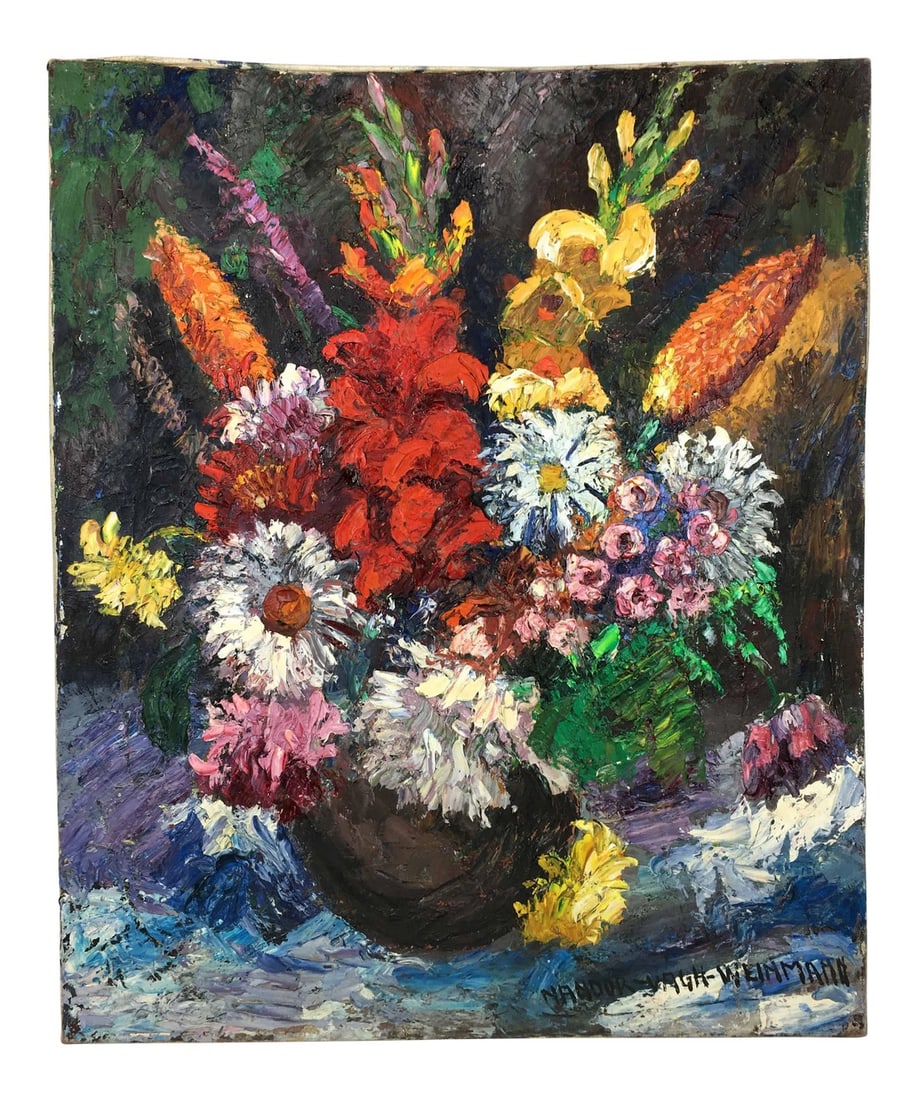 1960's Impressionist "Les Fleurs Épanouies" by Nandor Vagh Weinmann: Nador's body of work primarily included scenes from the french countryside, nude portraits of women, flowers and still-lifes. He favoured painting techniques that brought out a lively quality in