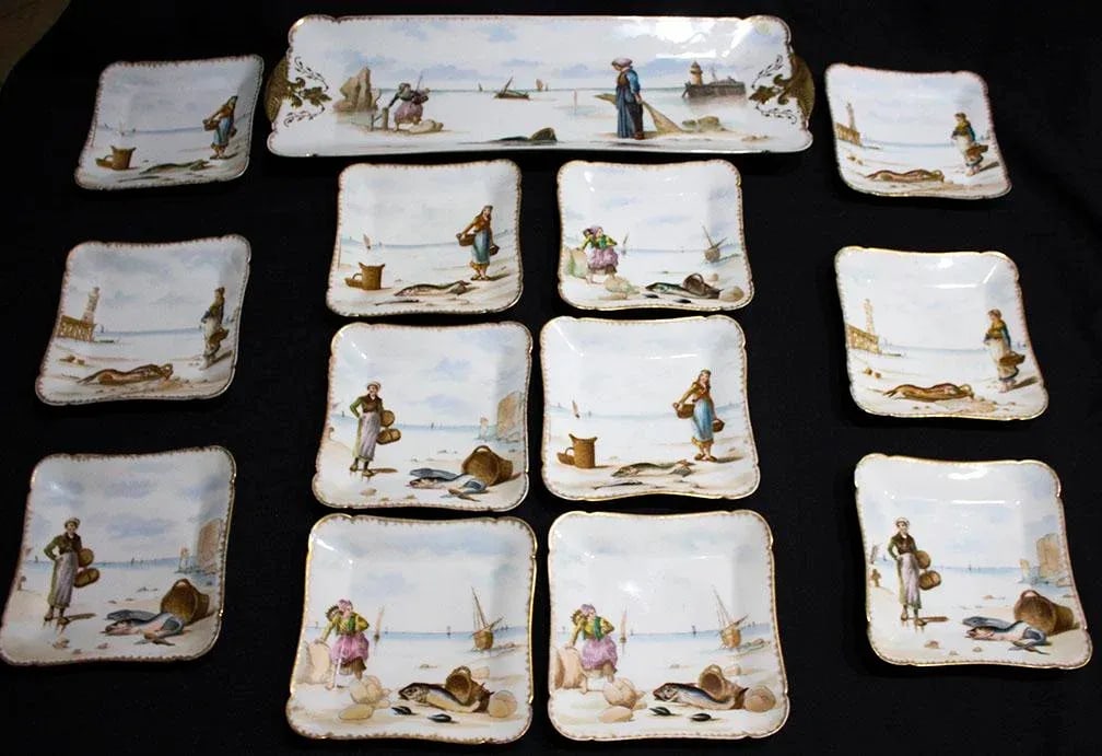 Vintage Haviland Limoges Fish Platter Set - 13 Pcs - Mediterranean Scenes - 2