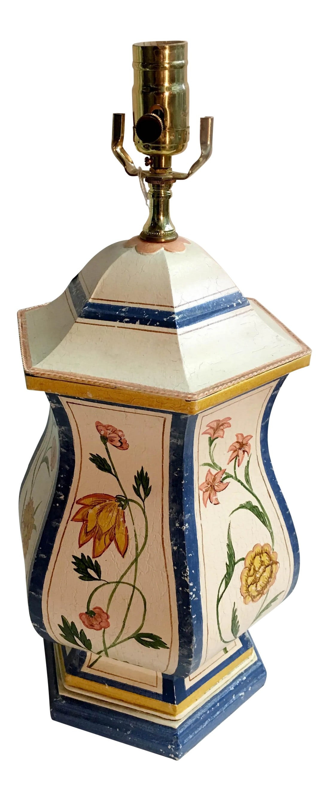 1980s Up Side Down Temple Jar Tole Lamp: Up side down temple jar tole lamp. Hand painted with colorful floral design, can fit into any room and joyful feeling. Two Worlds Arts is an exclusive, leading decorative arts resource for interior