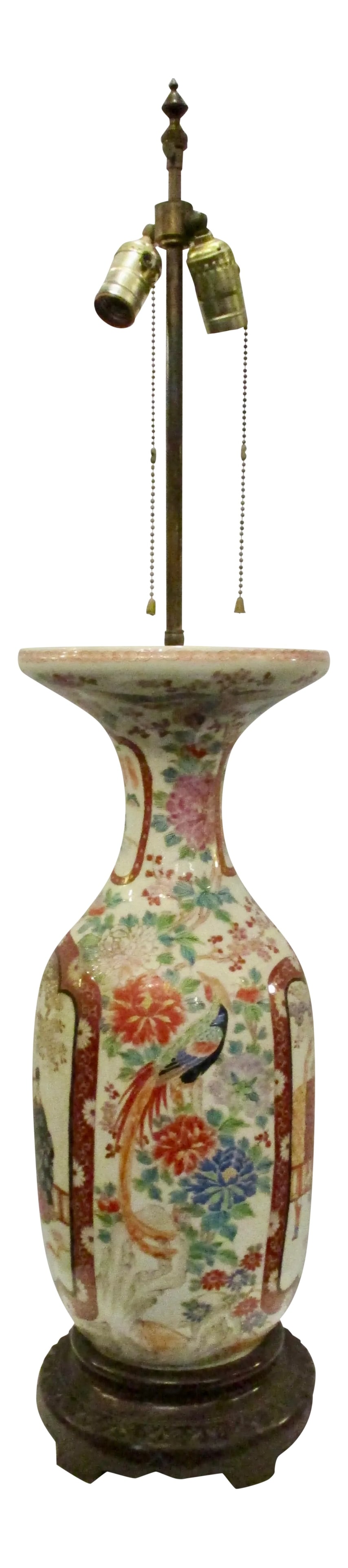Japanese Satsuma Vase-Lamp on Wooden Base, Unmarked: Large Satsuma vase in rich polychrome rose and blue shades show a cartouche of court figure surrounded by florals with peacock fields. The Original electrical work has been removed. Vase alone 24"