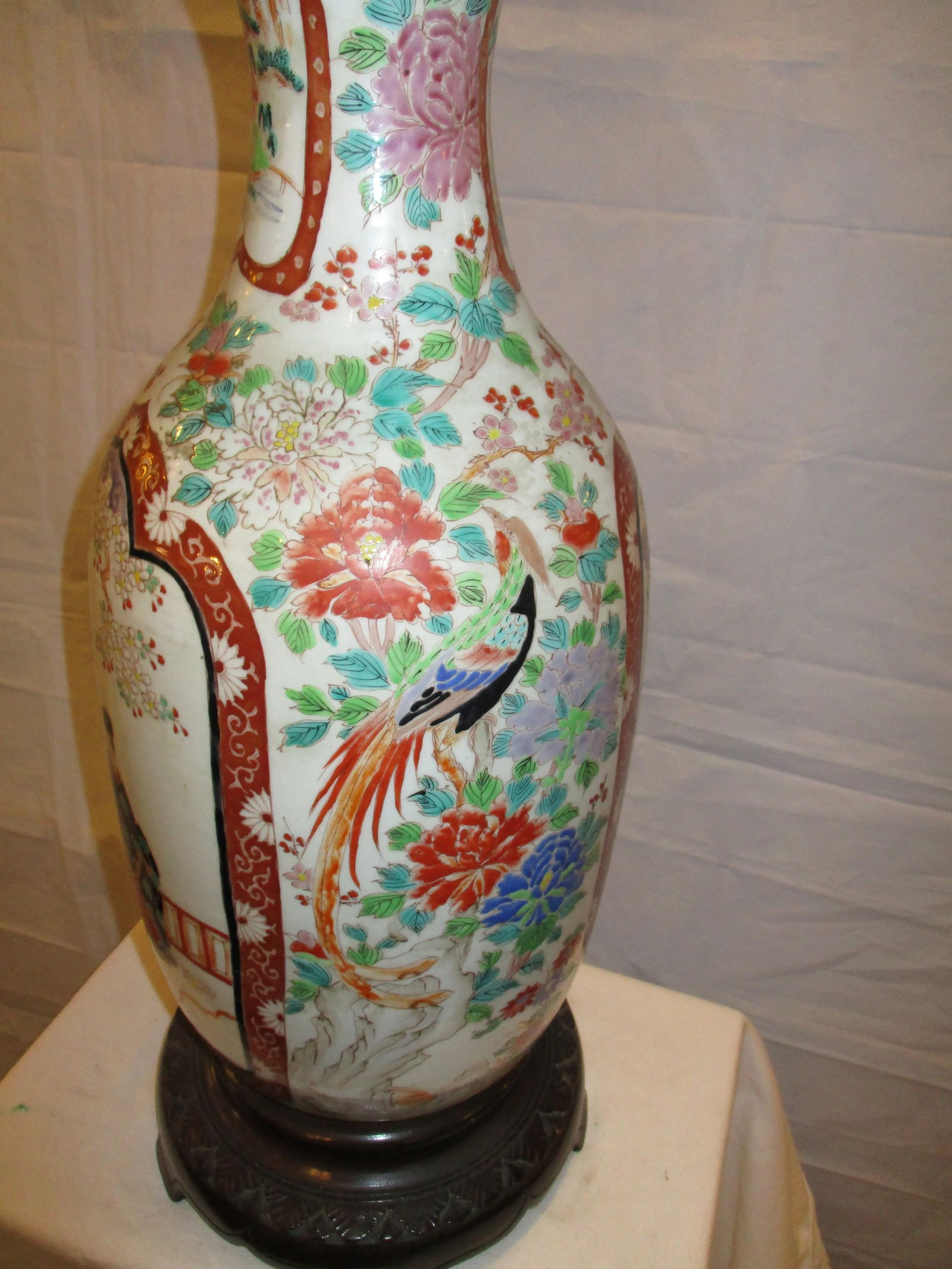 Japanese Satsuma Vase-Lamp on Wooden Base, Unmarked - 5