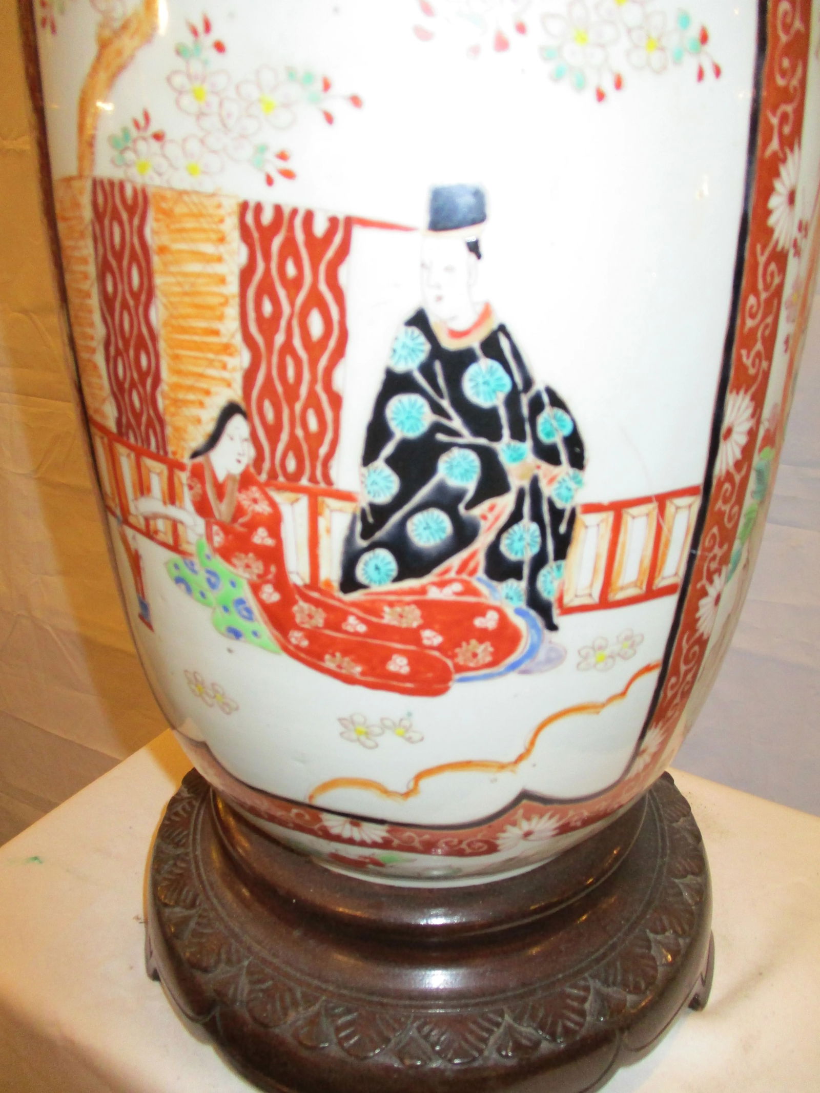 Japanese Satsuma Vase-Lamp on Wooden Base, Unmarked - 6