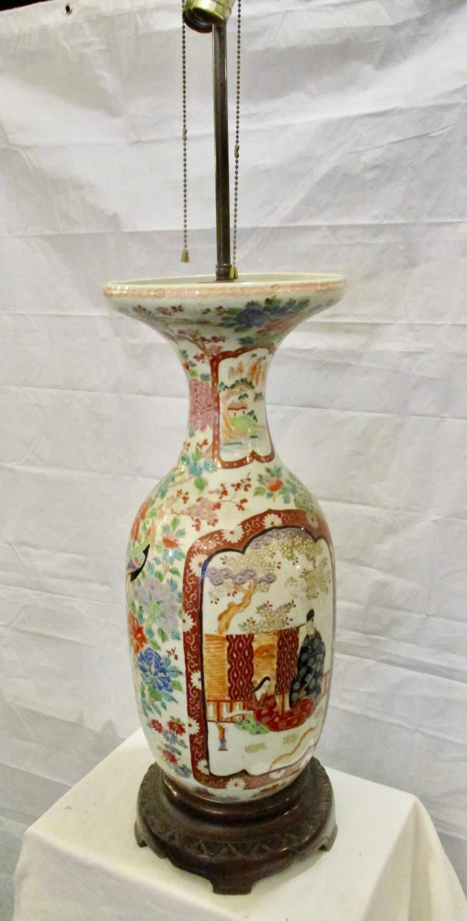 Japanese Satsuma Vase-Lamp on Wooden Base, Unmarked - 8