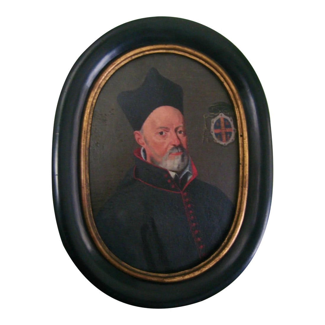 Antique Male Portrait Oil Painting with Bishop Coat of Arms: We have here a very lovely realistic oil painting oval portrait of a bishop , from nowadays Belgium in the traditional outfit with on the side the coat of arms with 6 tassels that show it s level in