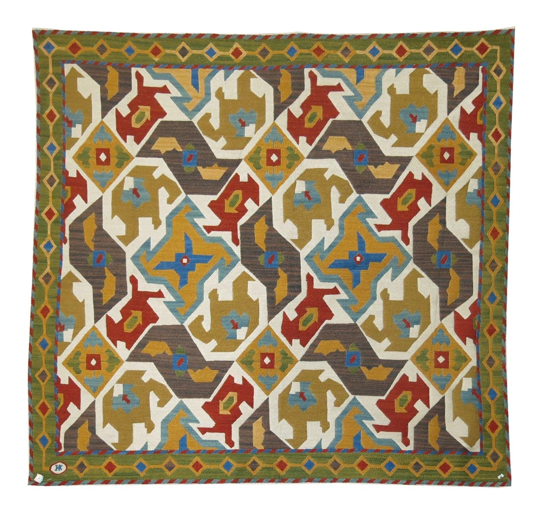 Vintage Suzanni Textile: Fine Hand-woven Textile Suzanni we acquired from a private collector living in uzbekistan. This piece was a copied from a 16th century suzanni embroidery. Initialed HK which must be the weaver. 