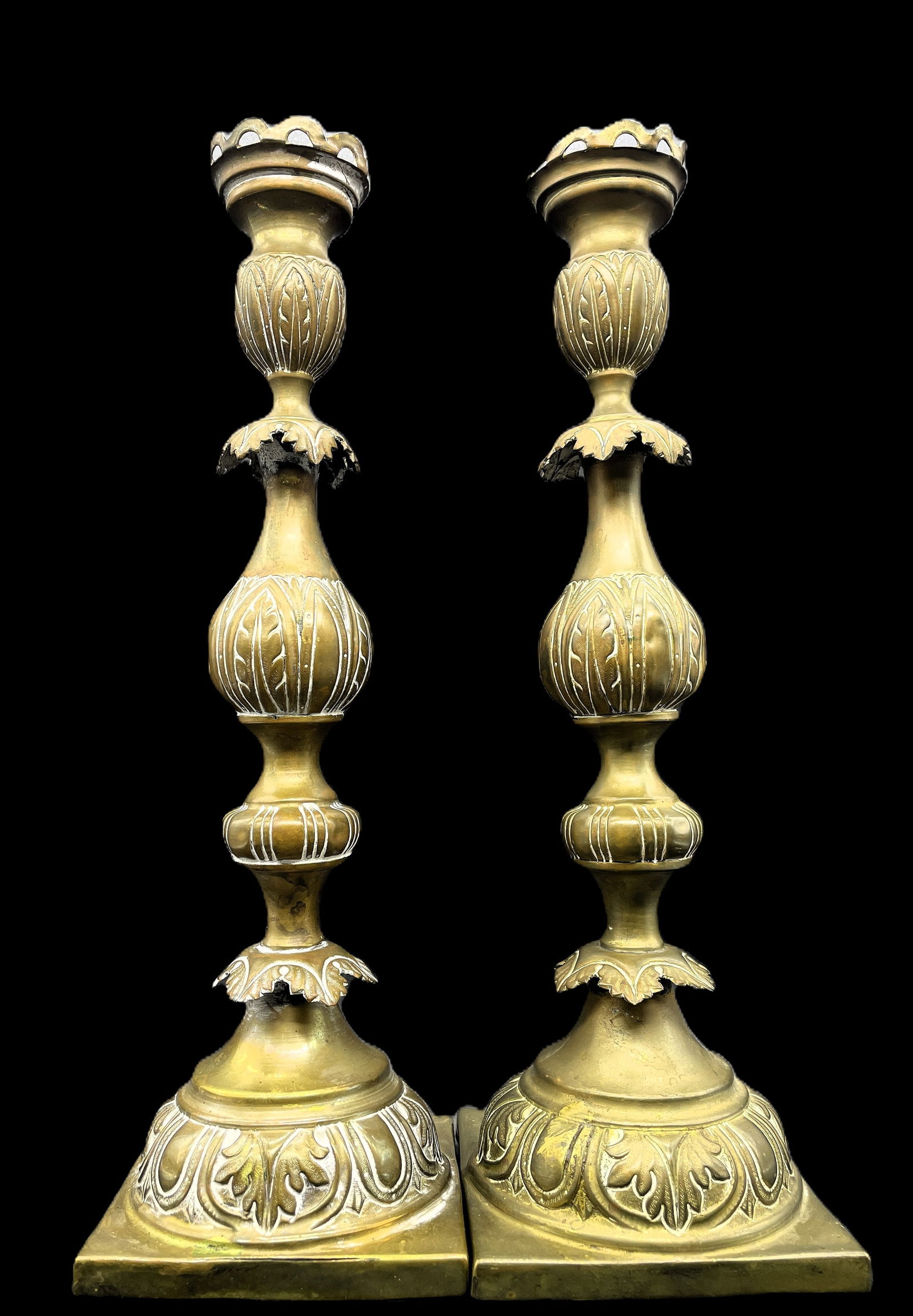 Pair Antique Ornate Brass Candlesticks with Makers Mark - 2