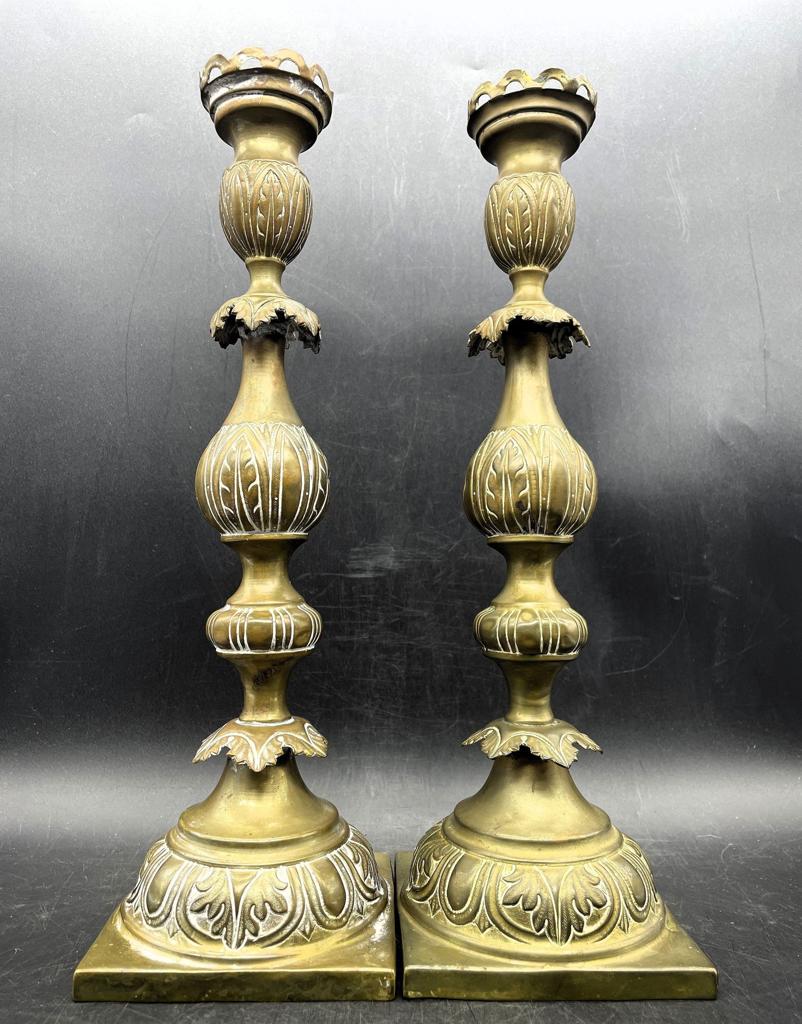 Pair Antique Ornate Brass Candlesticks with Makers Mark - 3